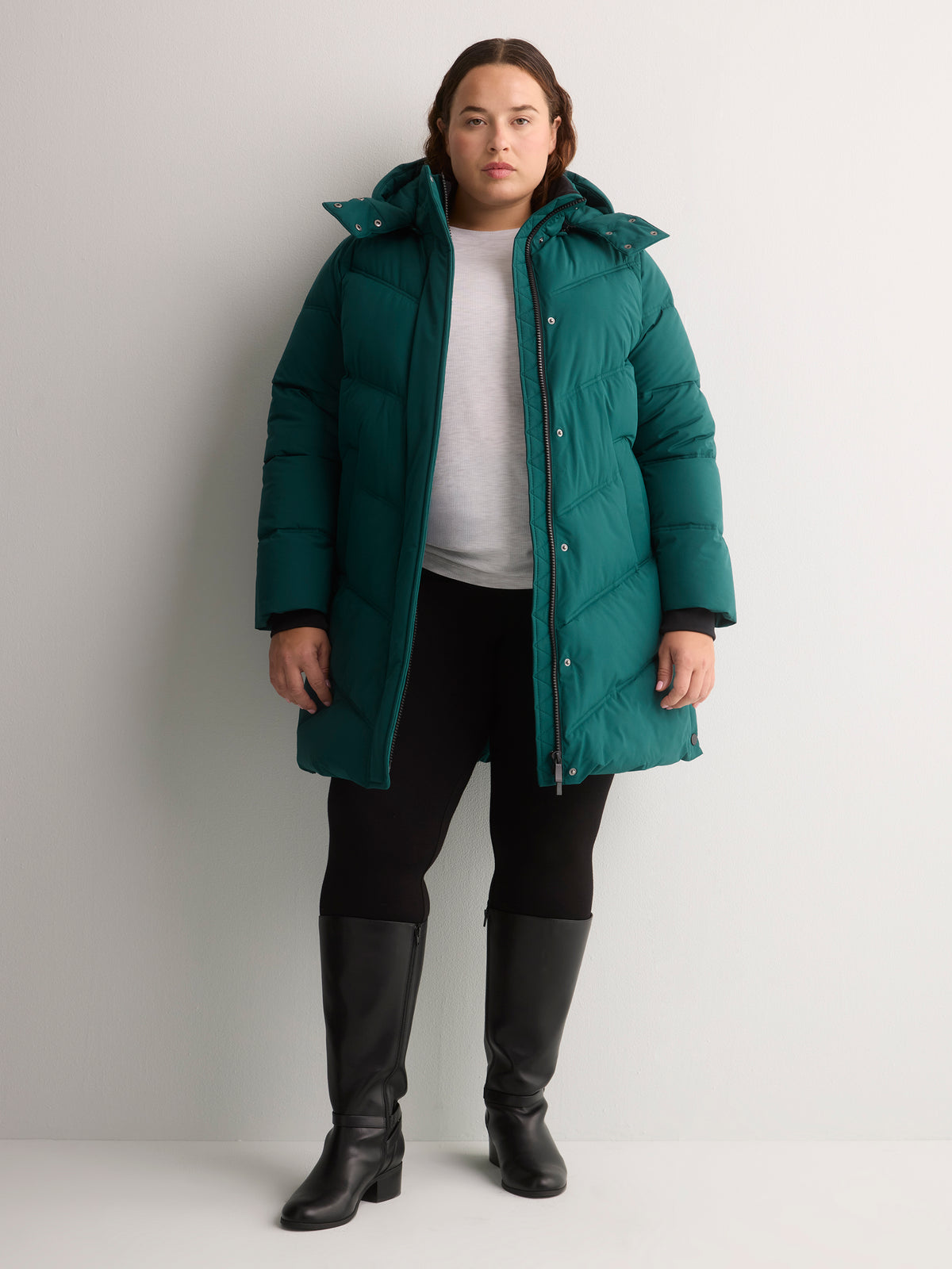 Black Hooded Knee-Length Stretch Puffer Jacket