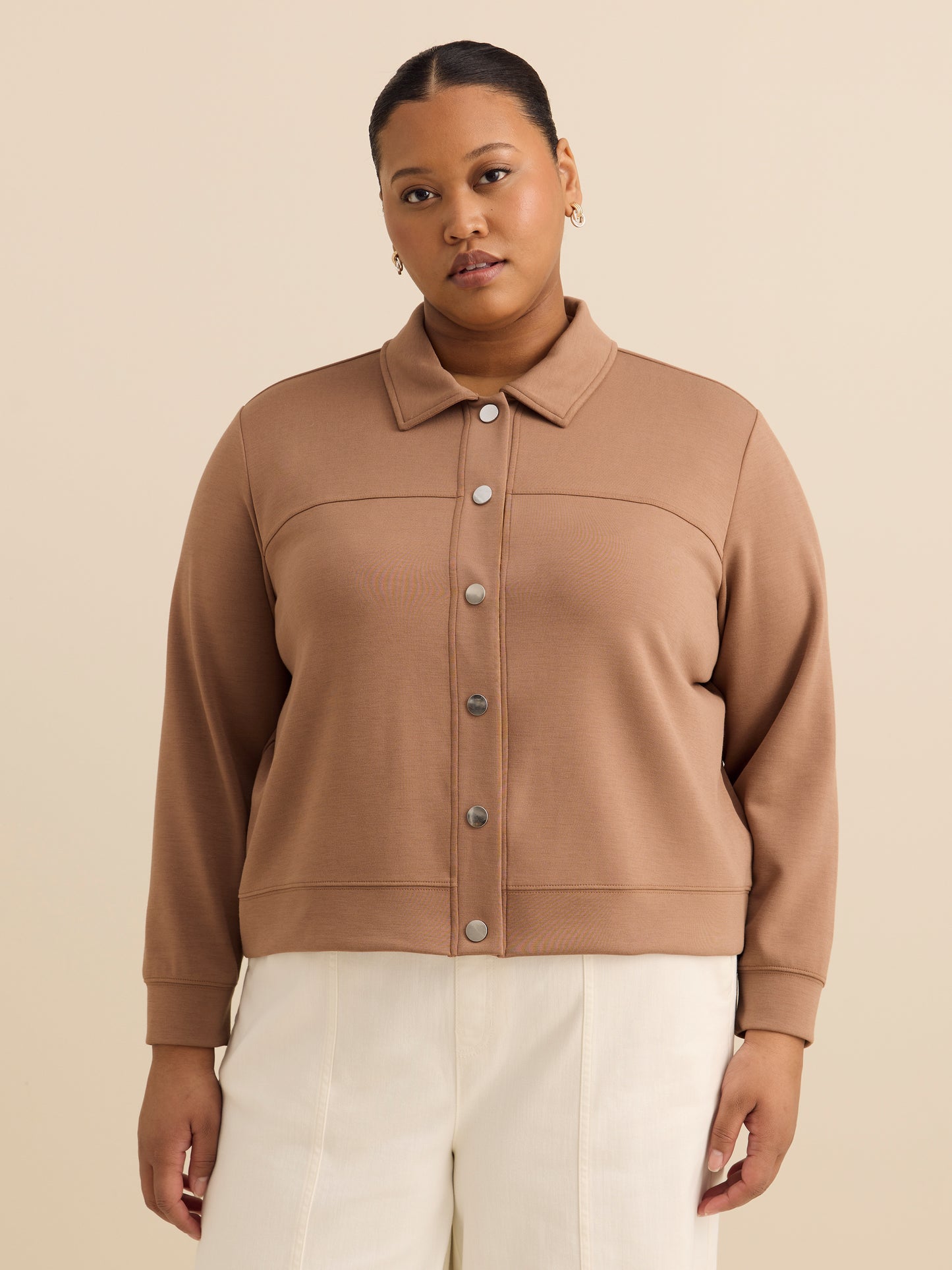 Neoprene Bomber Knit Top with Shirt Collar