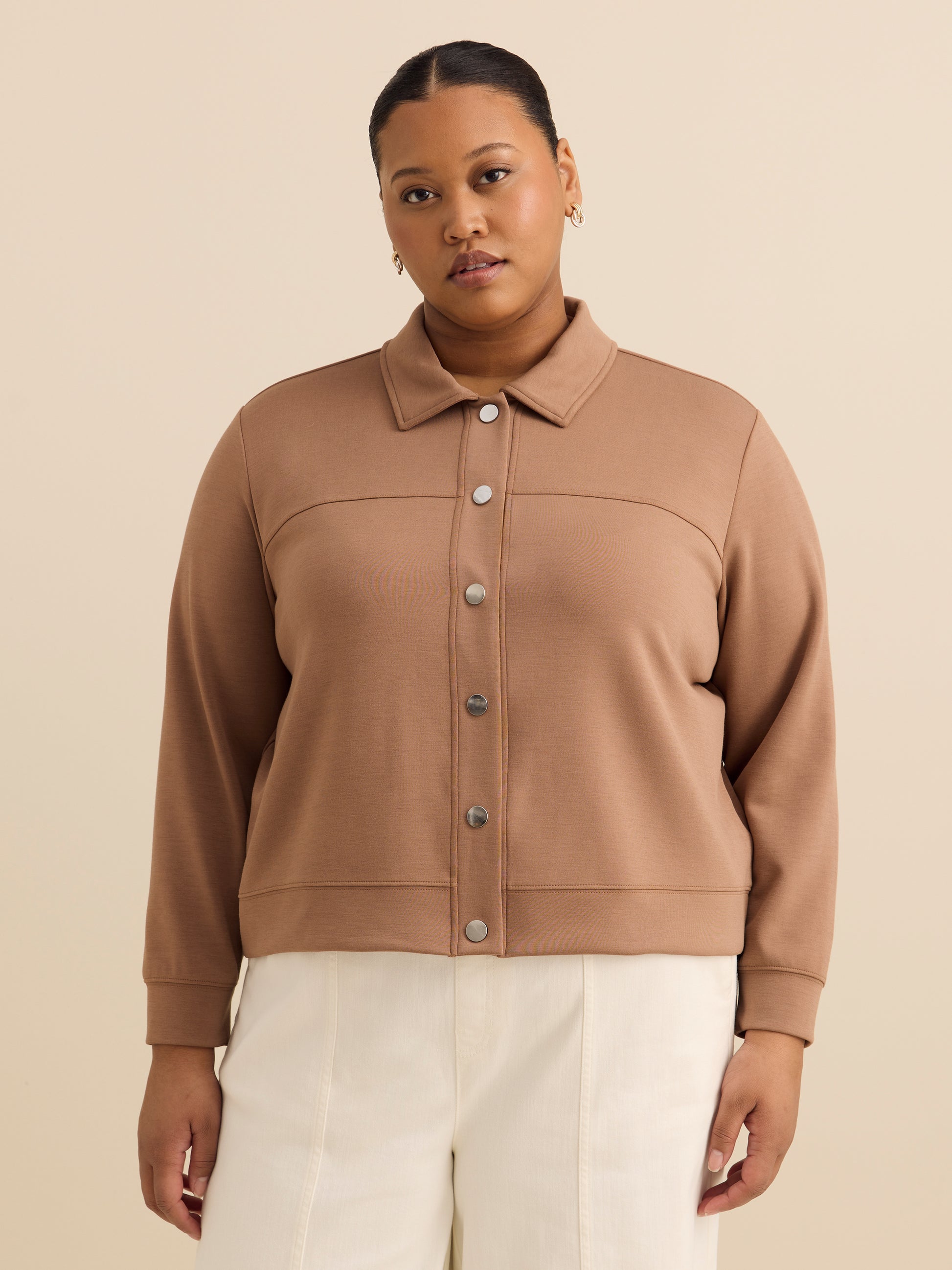 Neoprene Bomber Knit Top with Shirt Collar