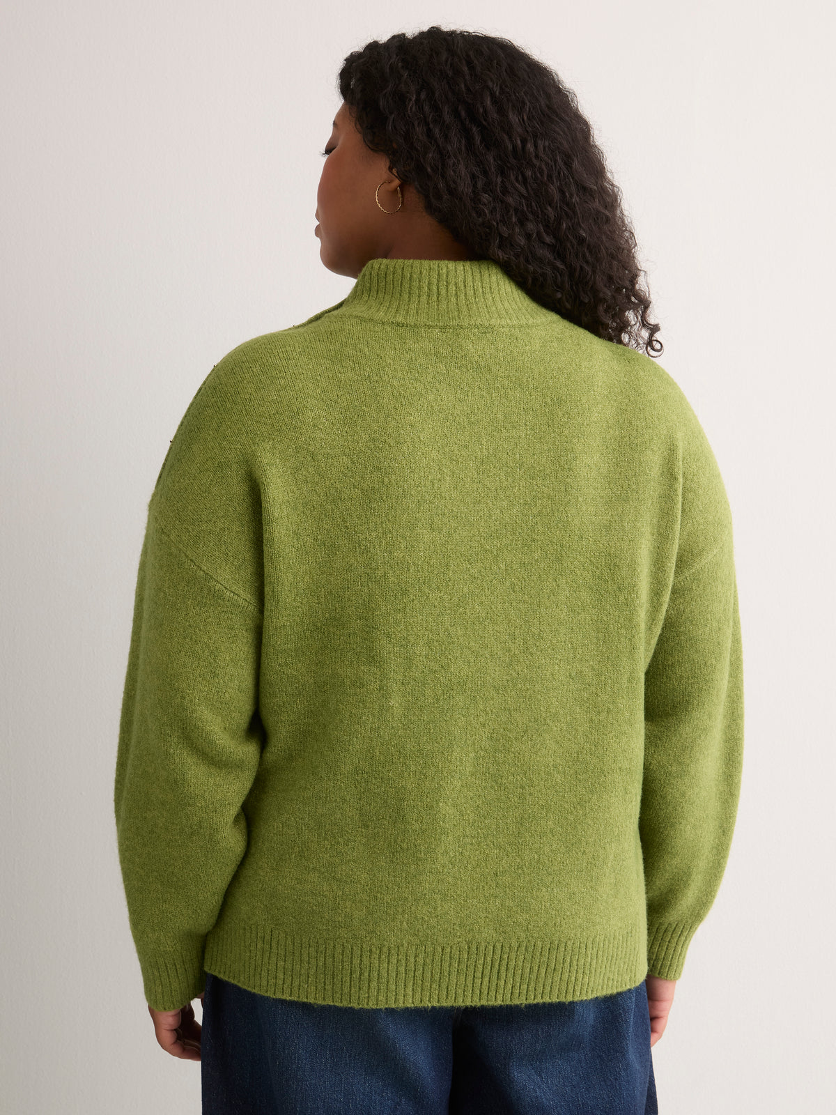 Green Loose-Fit Mock-Neck Cable Knit Sweater
