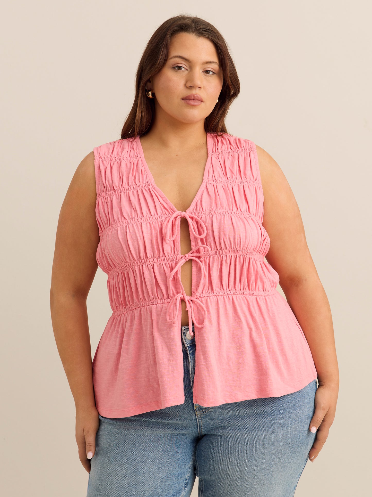 Flared Sleeveless V-Neck Tie-Front Smocked Blouse - Addition Elle