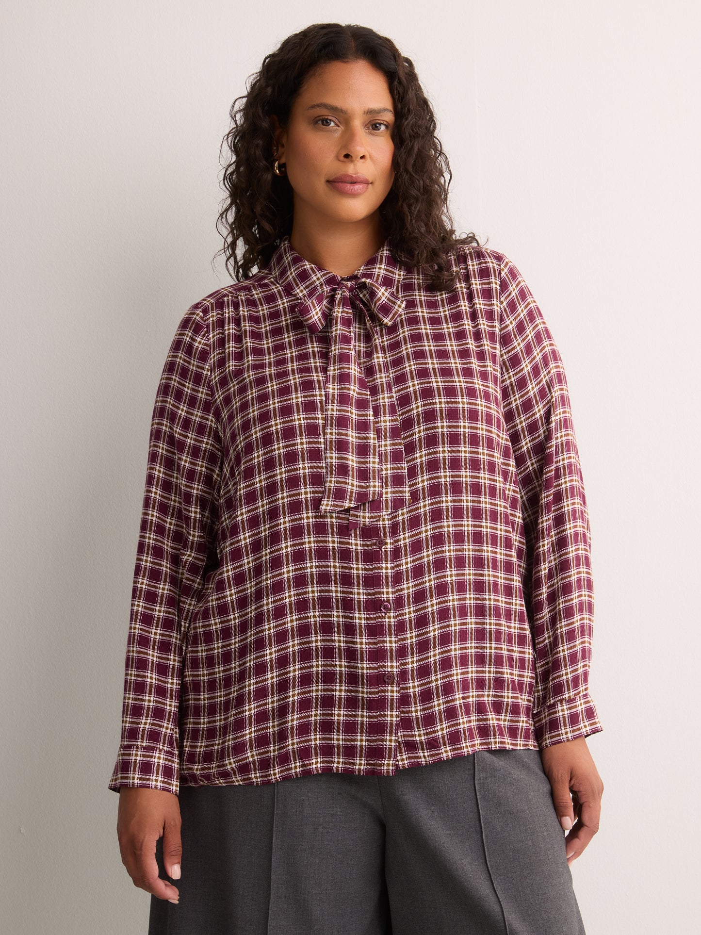 Plaid Buttoned Down Shirt with Scarf Collar