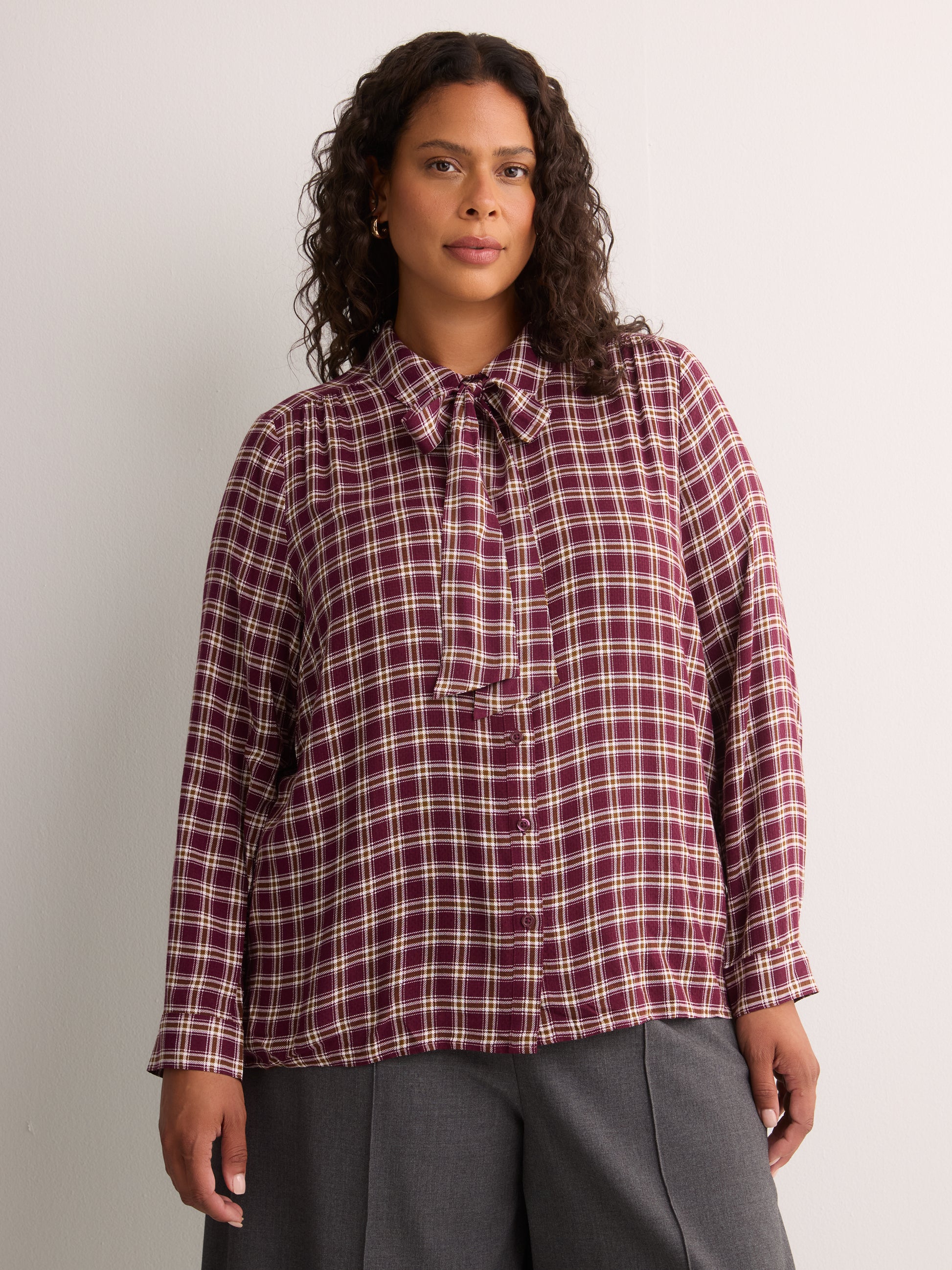 Plaid Buttoned Down Shirt with Scarf Collar