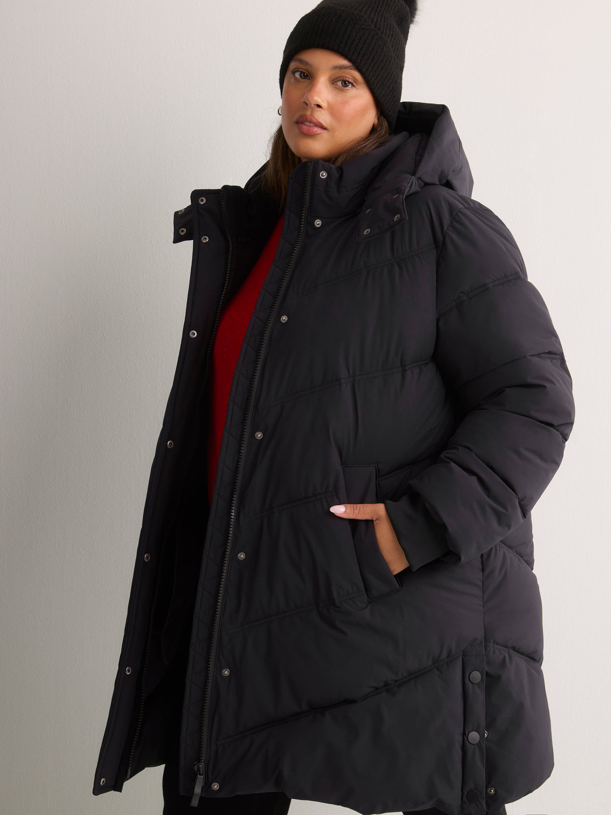 Black Hooded Knee-Length Stretch Puffer Jacket