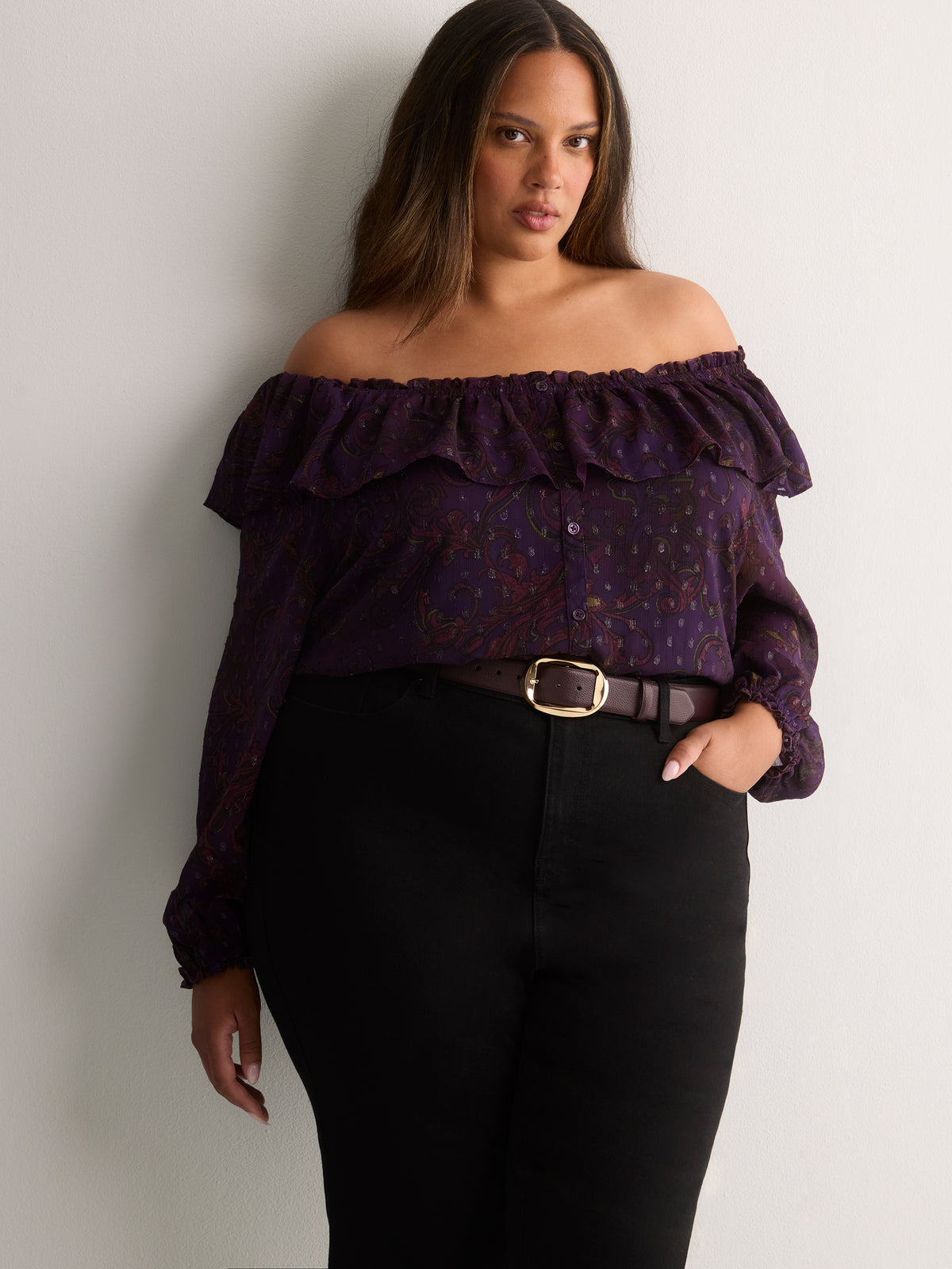 Purple Printed Buttoned-Down Swing Blouse with Open Ruffled Neckline