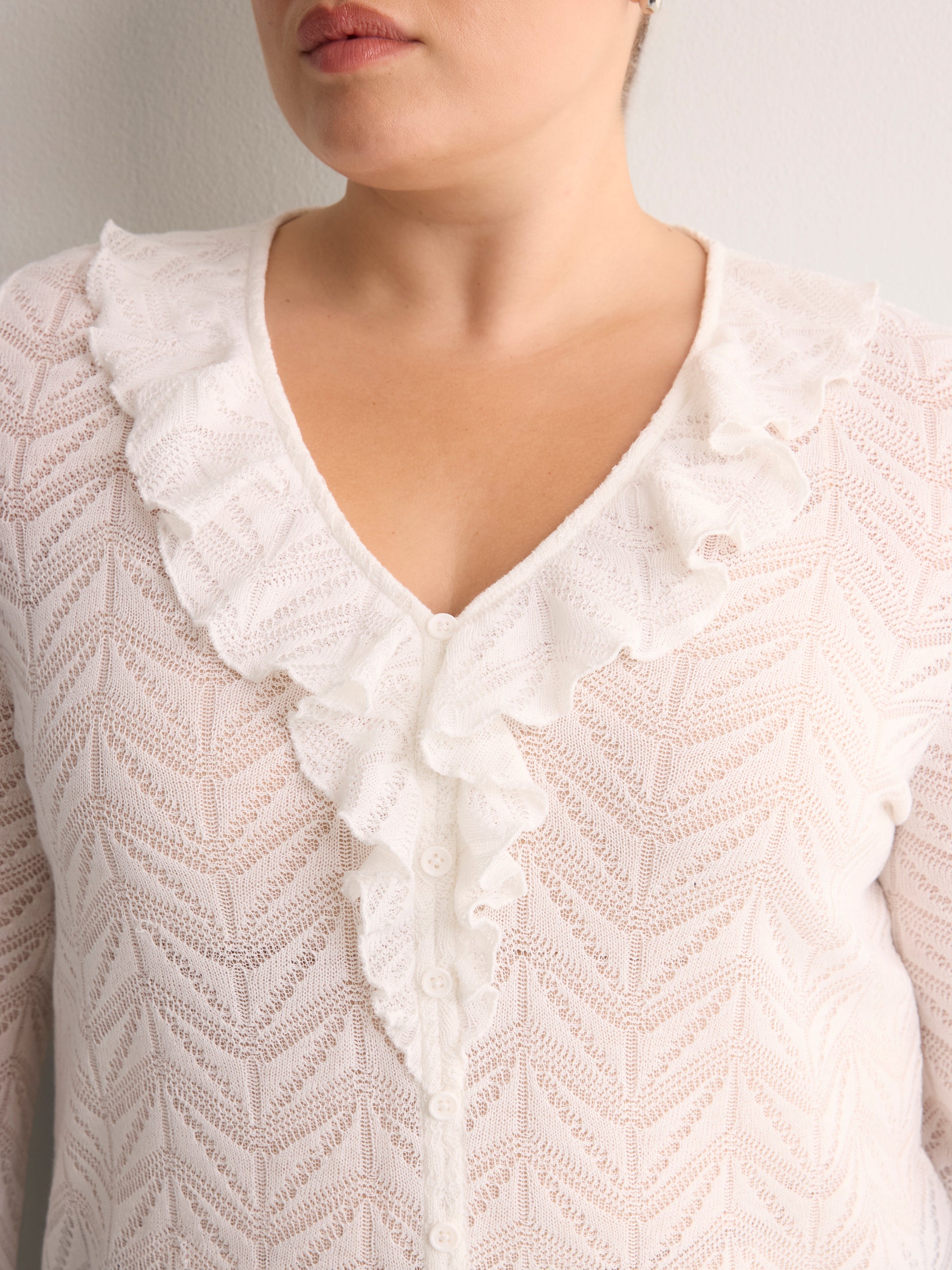 Straight V-Neck Crochet Pointelle Knit Blouse with Trumpet Sleeves