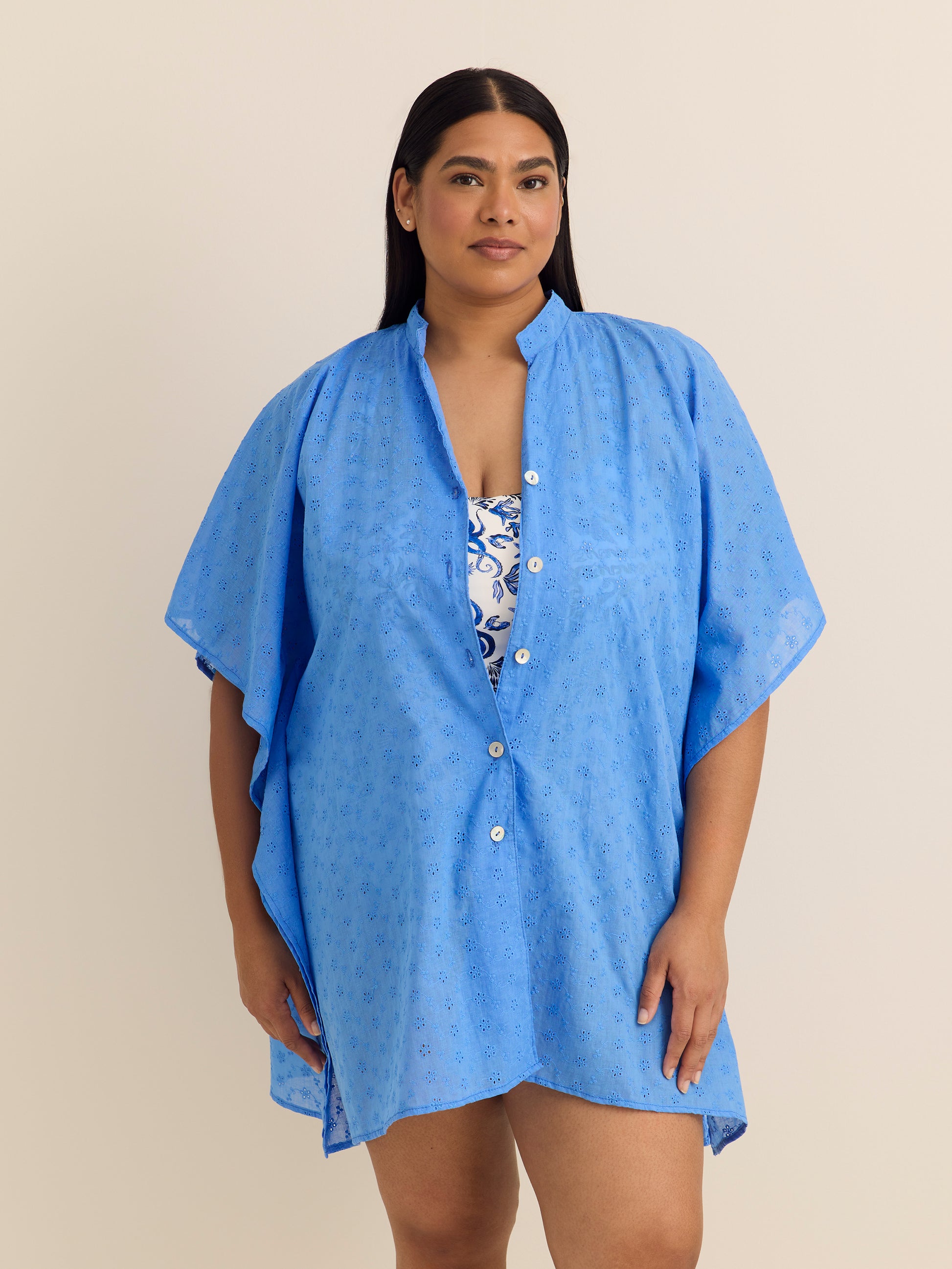 Short-Sleeve Buttoned-Down Eyelet Cover-Up Dress - Cover Me