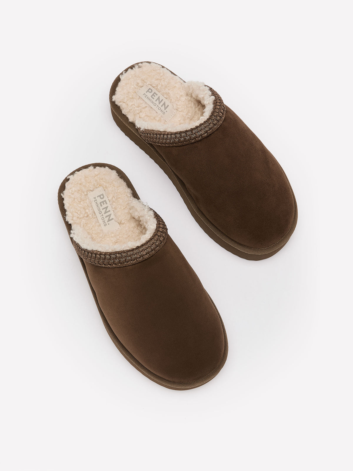 Wide Width, Microsuede Flat Platform Slippers with Faux-Fur Lining