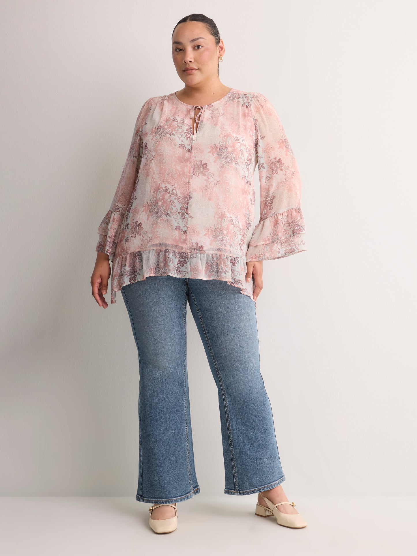 Split-Neck Long Flounce Sleeve Asymmetrical Blouse