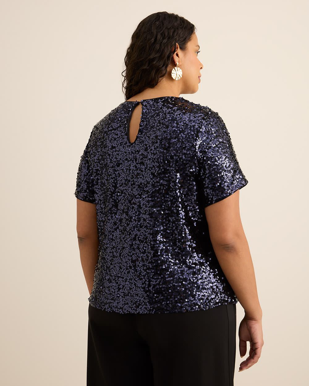 Short-Sleeve Sequins Crewneck Top