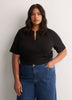 Straight Elbow-Sleeve Ribbed Knit Henley Top