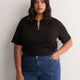 Straight Elbow-Sleeve Ribbed Knit Henley Top