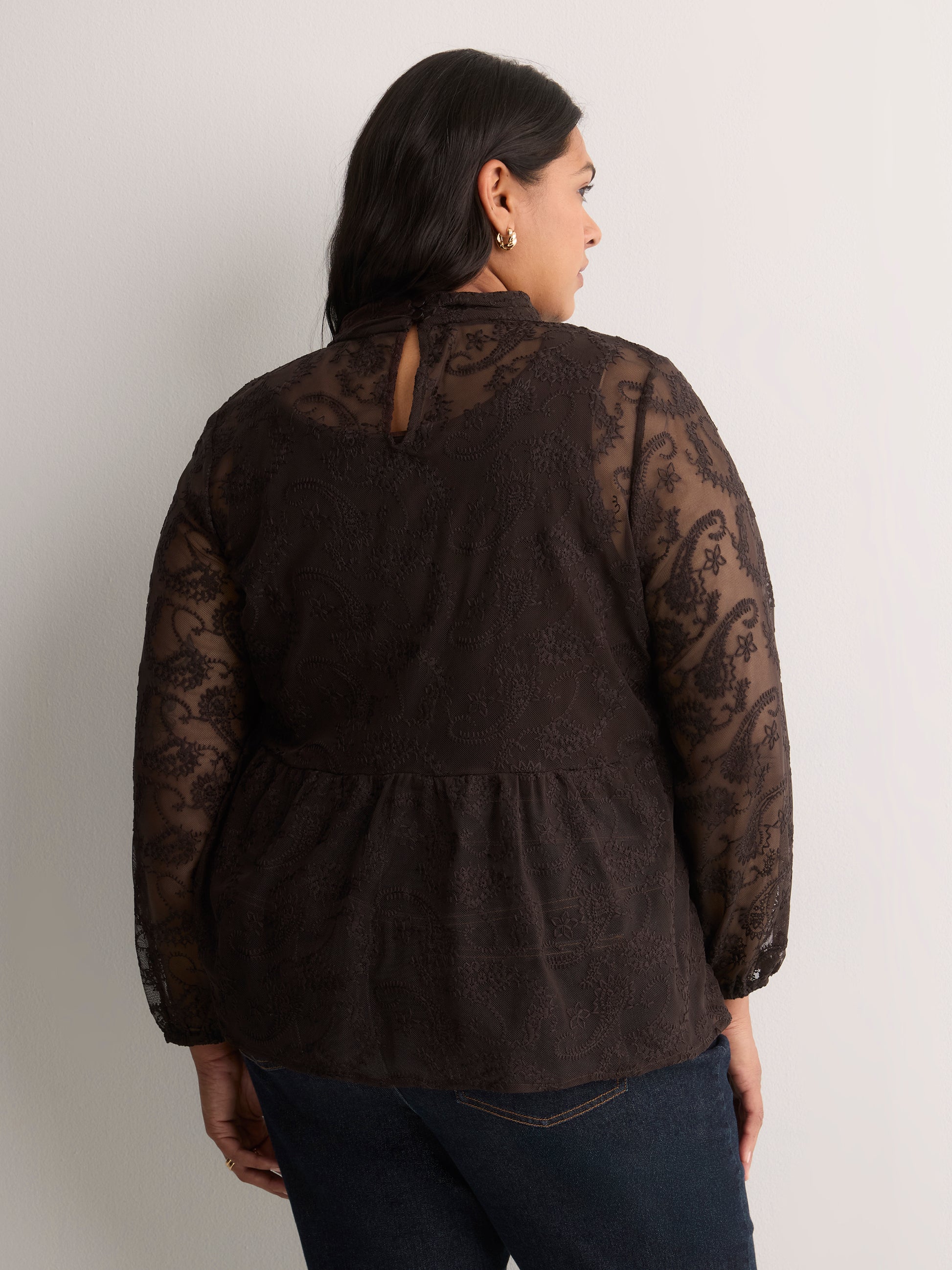 Mock-Neck Long-Sleeve Embroidered Blouse