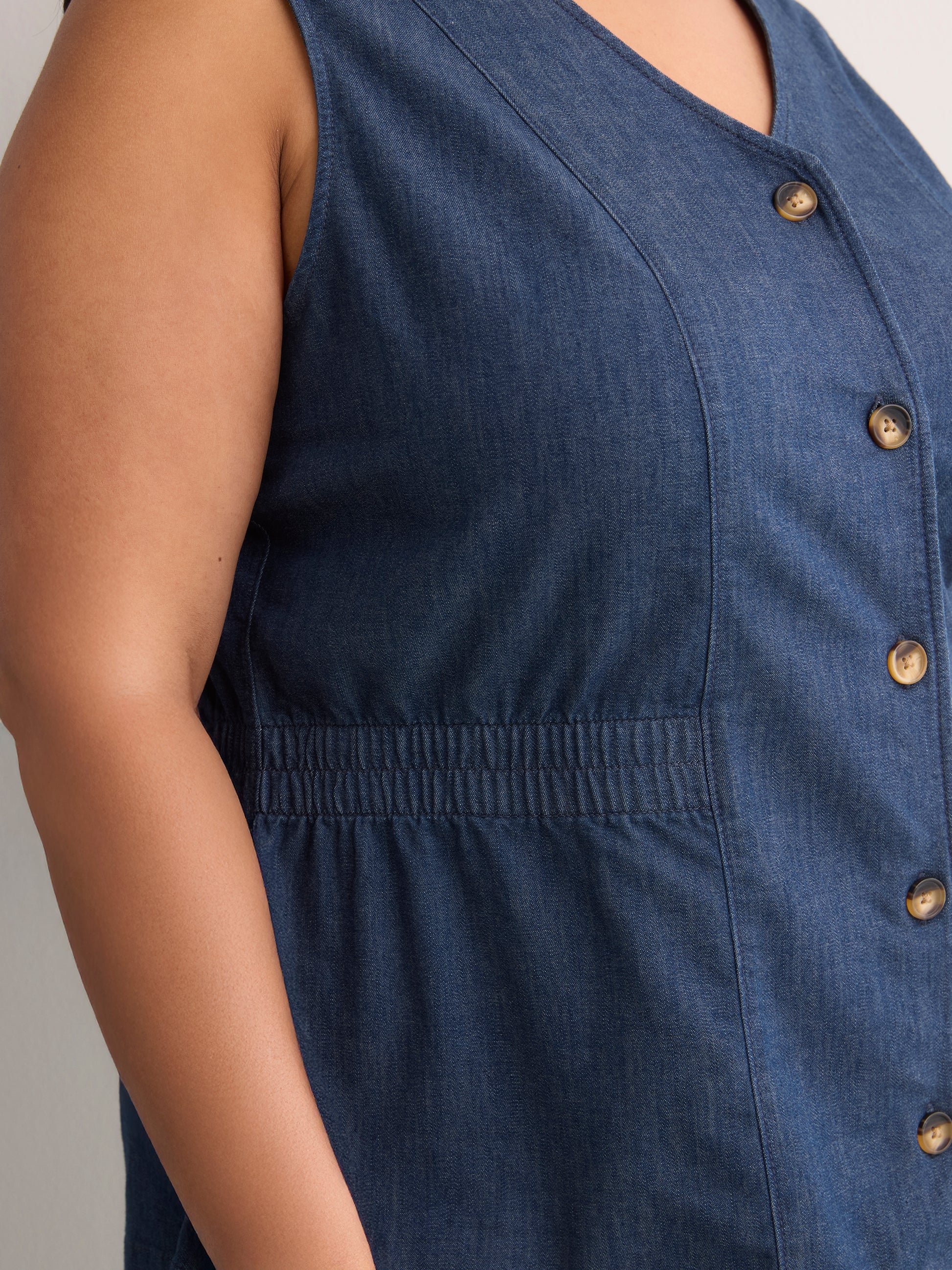 Denim Fit and Flare Sleeveless V-Neck Vest Blouse