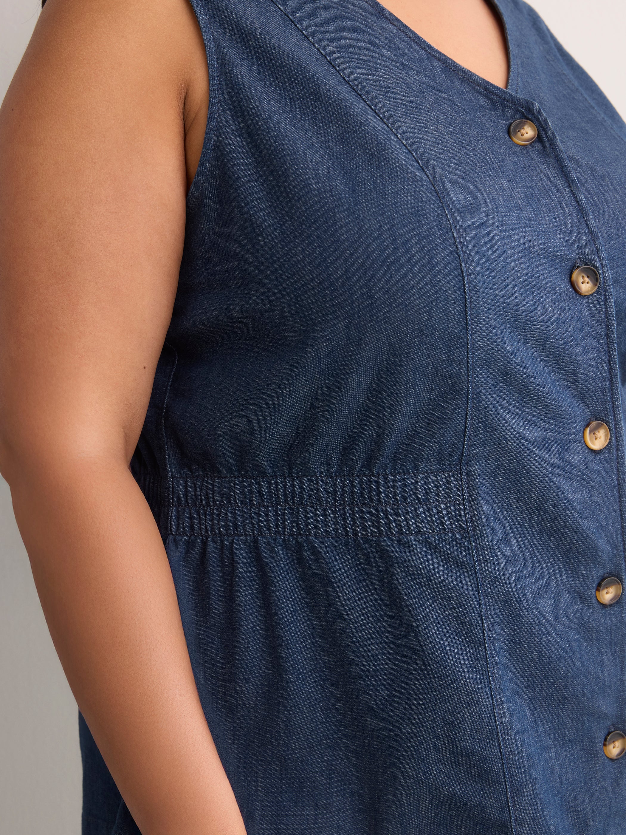 Denim Fit and Flare Sleeveless V-Neck Vest Blouse