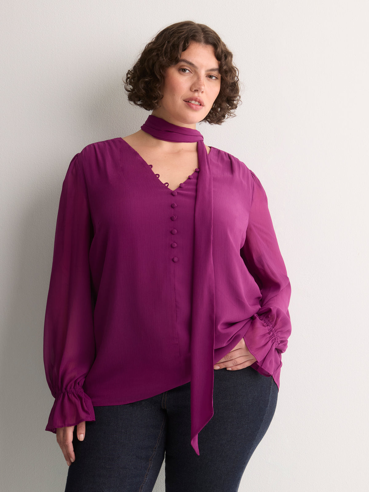 Plum Chiffon Blouse with Detachable Scarf