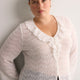 Straight V-Neck Crochet Pointelle Knit Blouse with Trumpet Sleeves