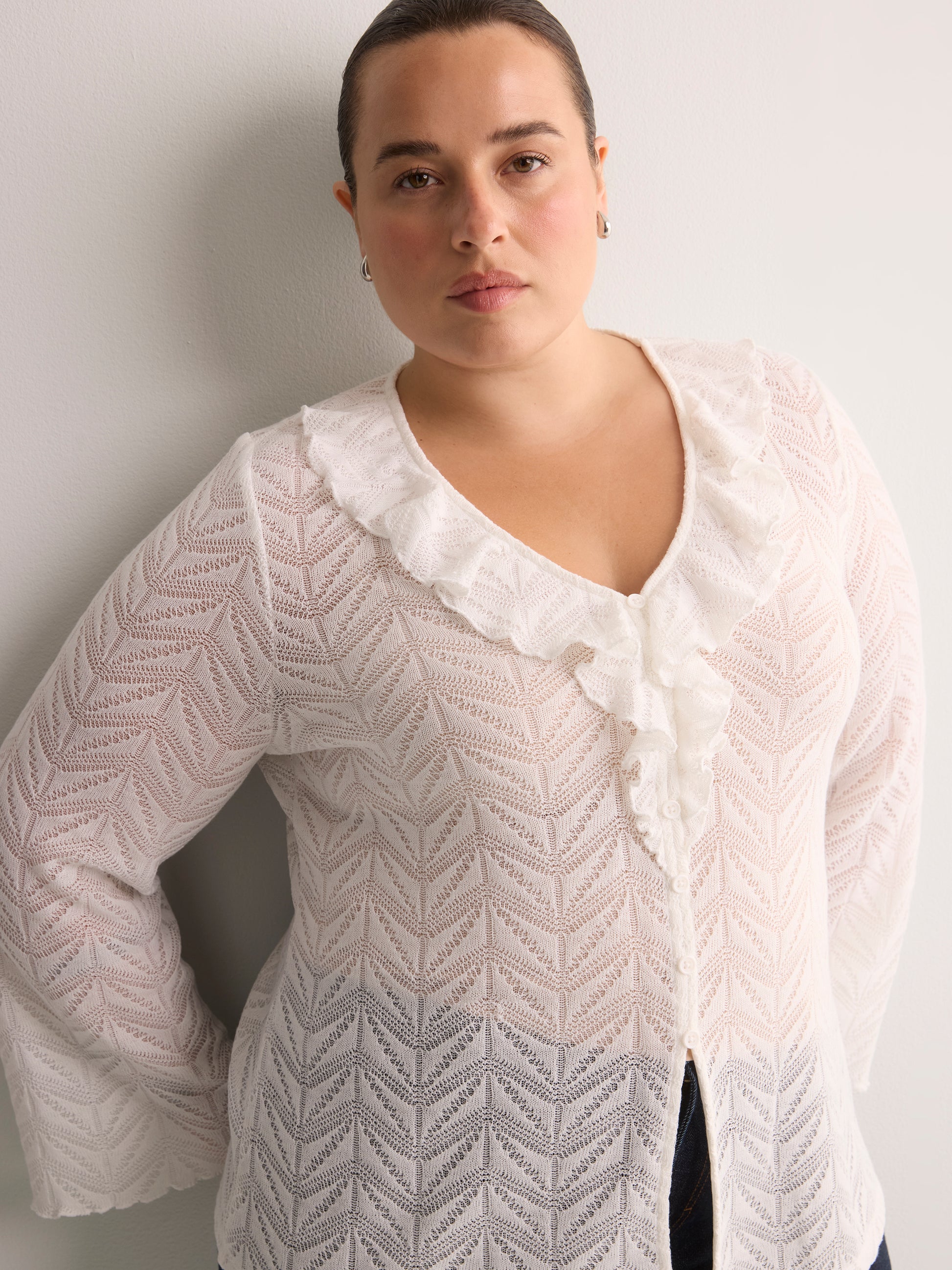 Straight V-Neck Crochet Pointelle Knit Blouse with Trumpet Sleeves
