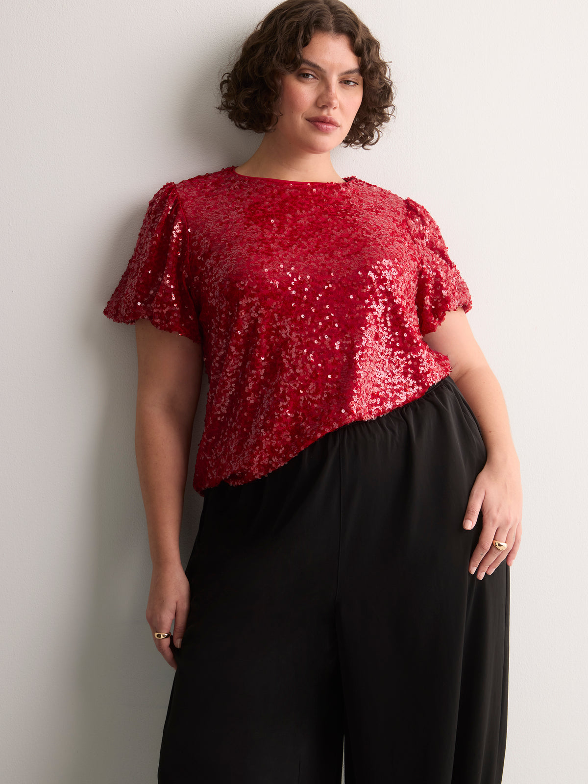 Straight Bubble-Sleeve Sequin Top