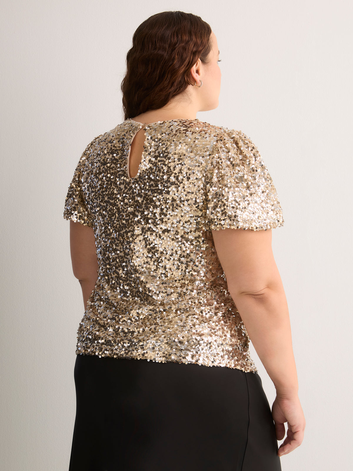 Straight Bubble-Sleeve Sequin Top