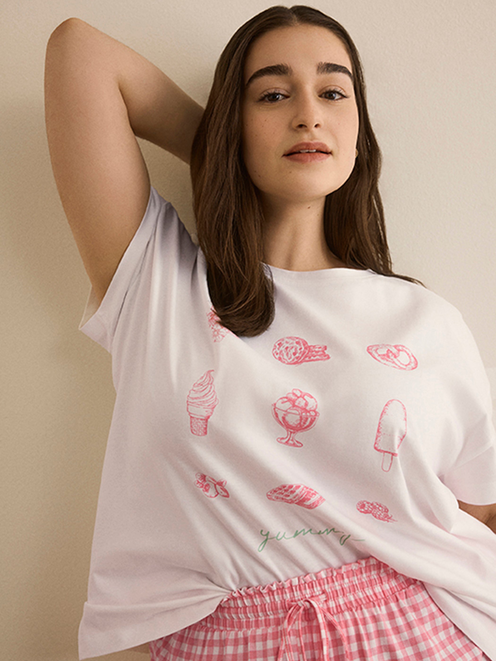 White and Pink T-Shirt and Plaid Boxer Pyjama Set - ti Voglio