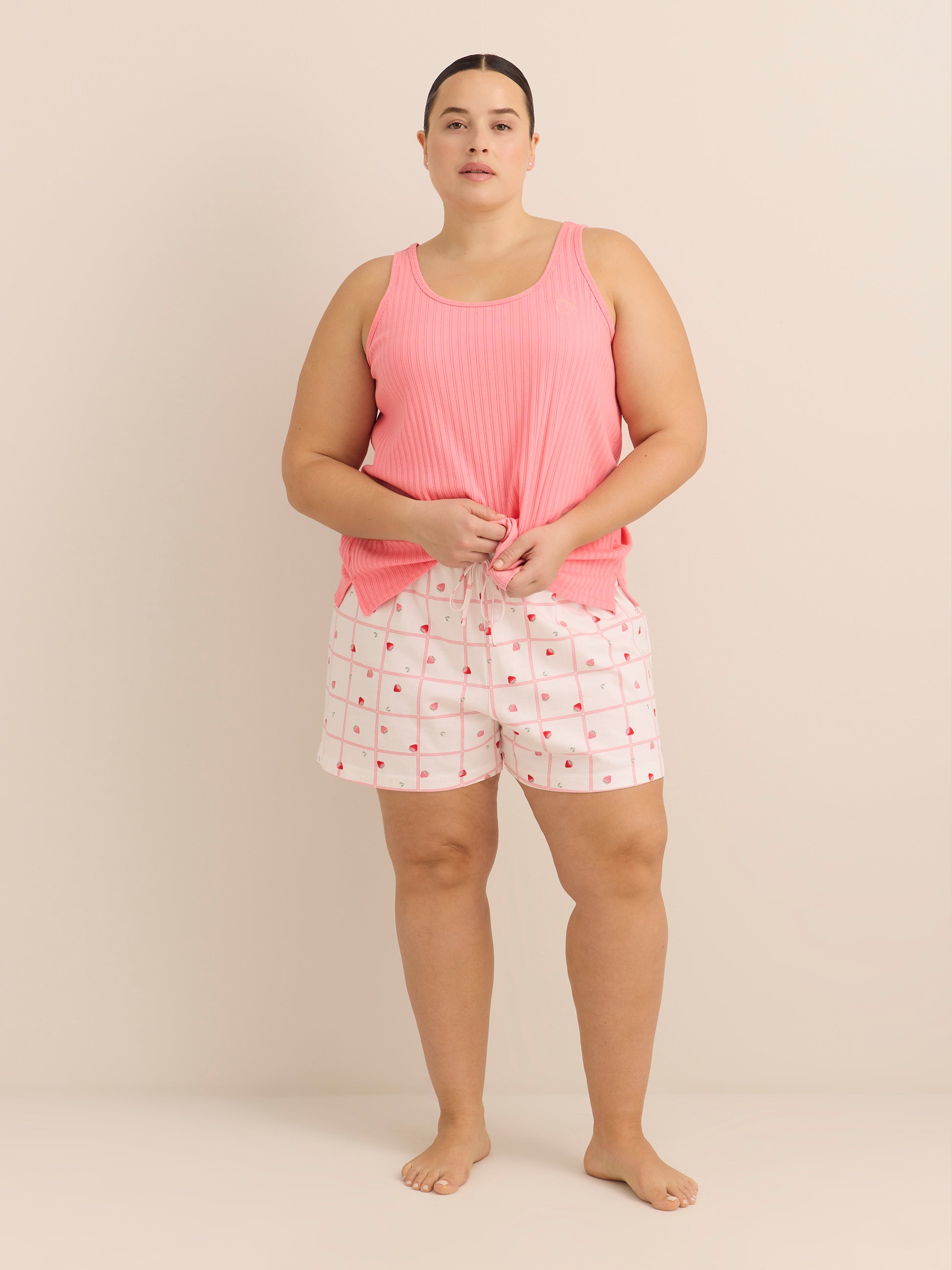 Pink Rib Tank Top and Strawberry Plaid Boxer Pyjama Set - ti Voglio