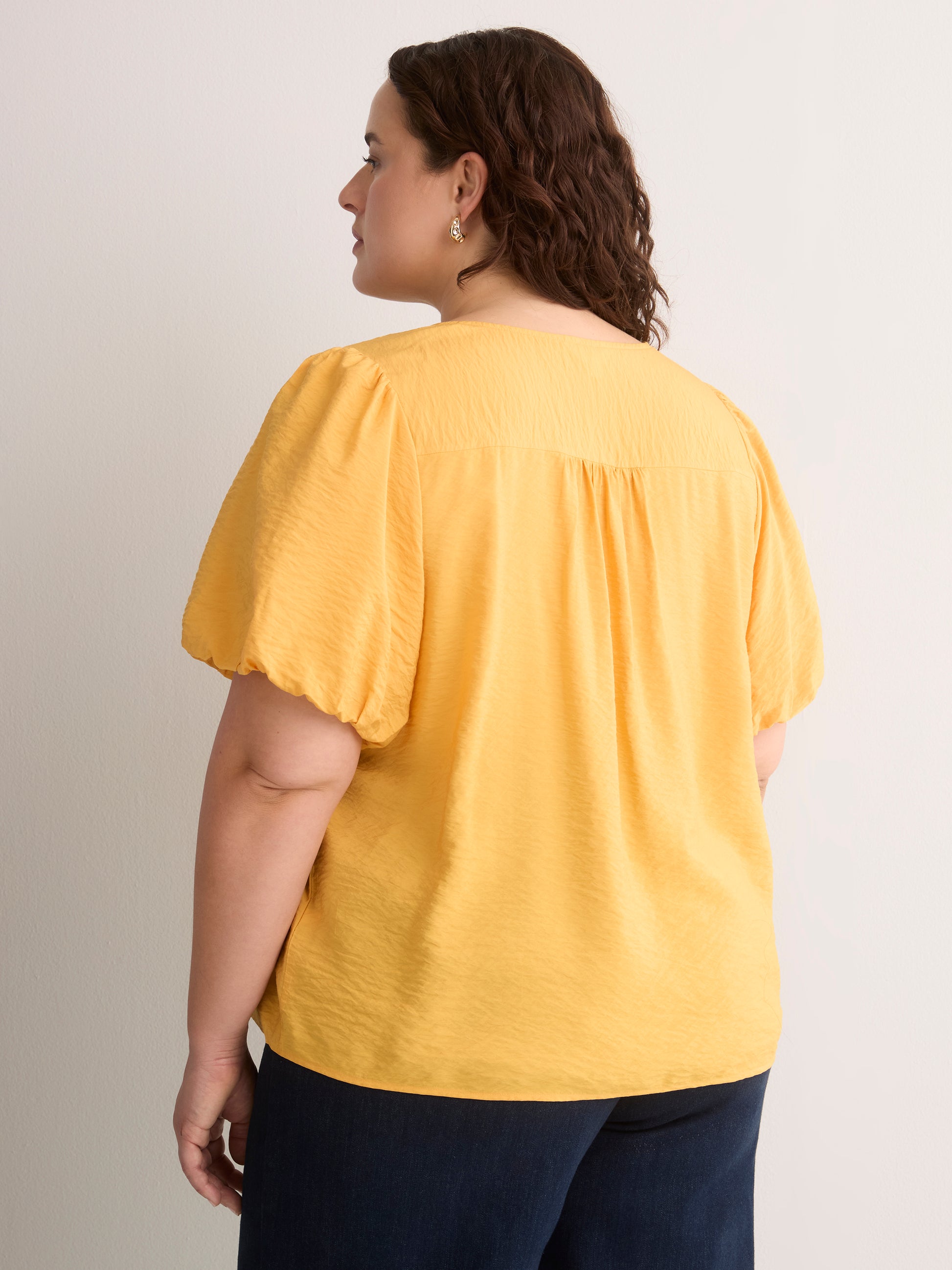 V-Neck Bubble-Sleeve Blouse with Smocked Yoke