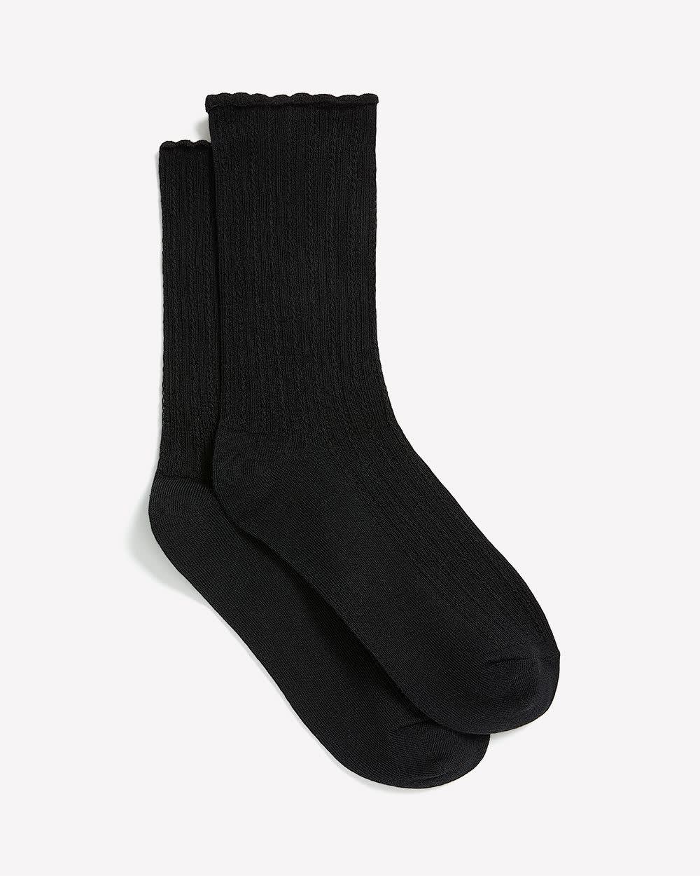 Black Textured Crew Socks with Scalloped Edge