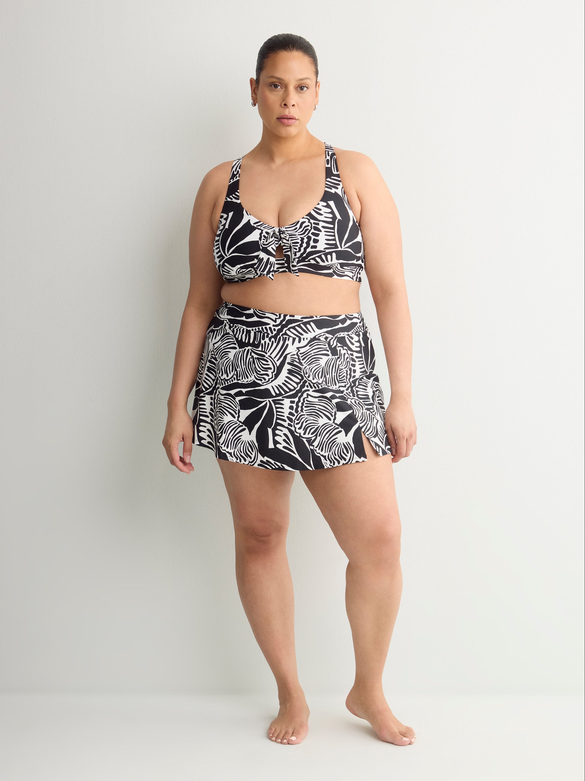 Black Foliage-Print Bikini Top With Front Knot