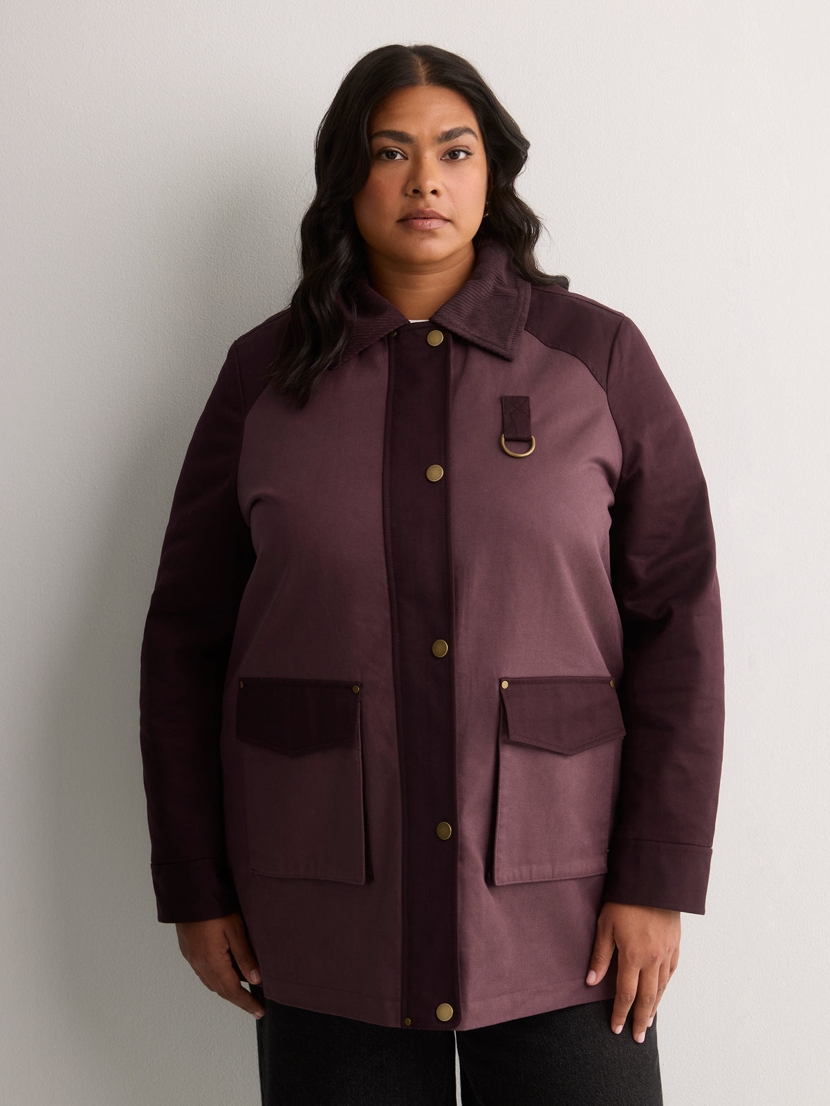 Long Two-Tone Barn Jacket with Corduroy Collar