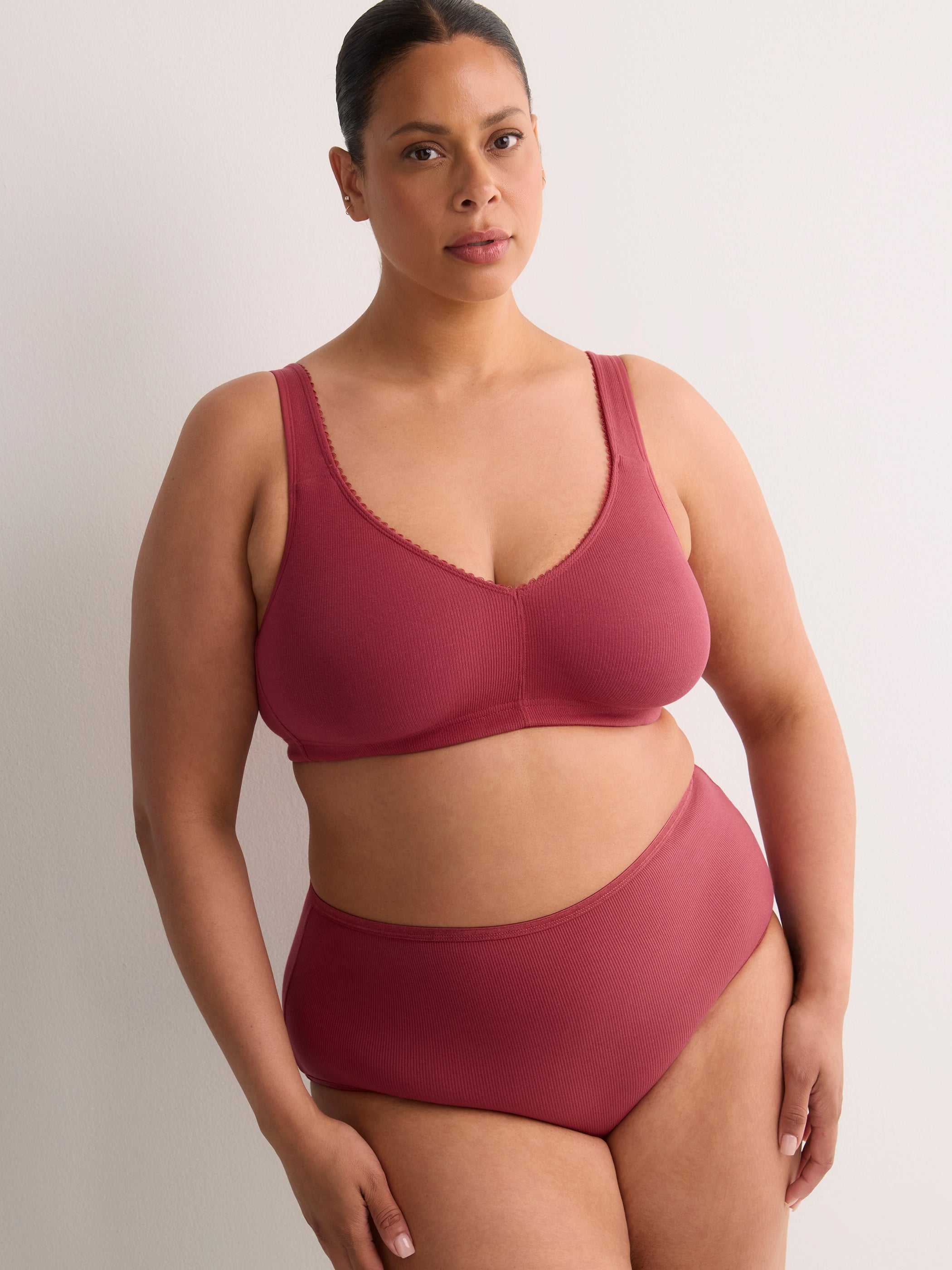Wireless Red Ribbed Cotton Bra with Picot Trim - tiVOGLIO
