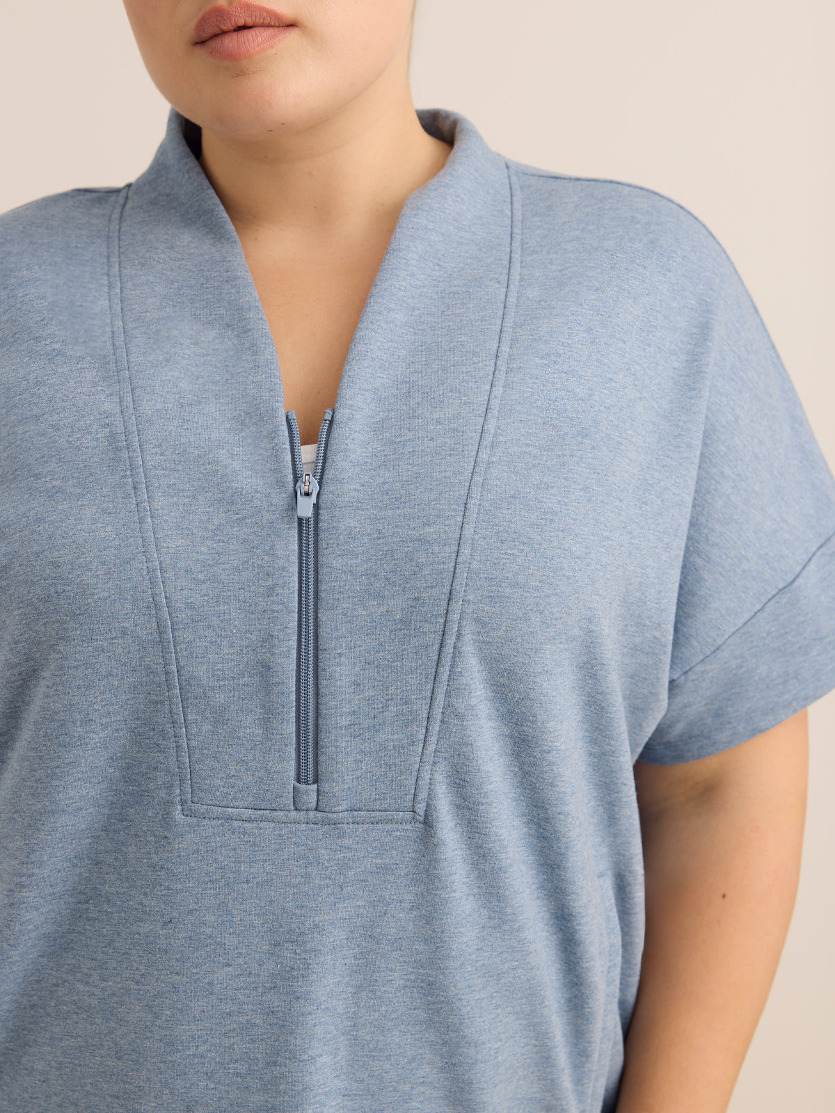 French Terry Half-Zip High-Neck Cap-Sleeve Sweatshirt - Active Zone