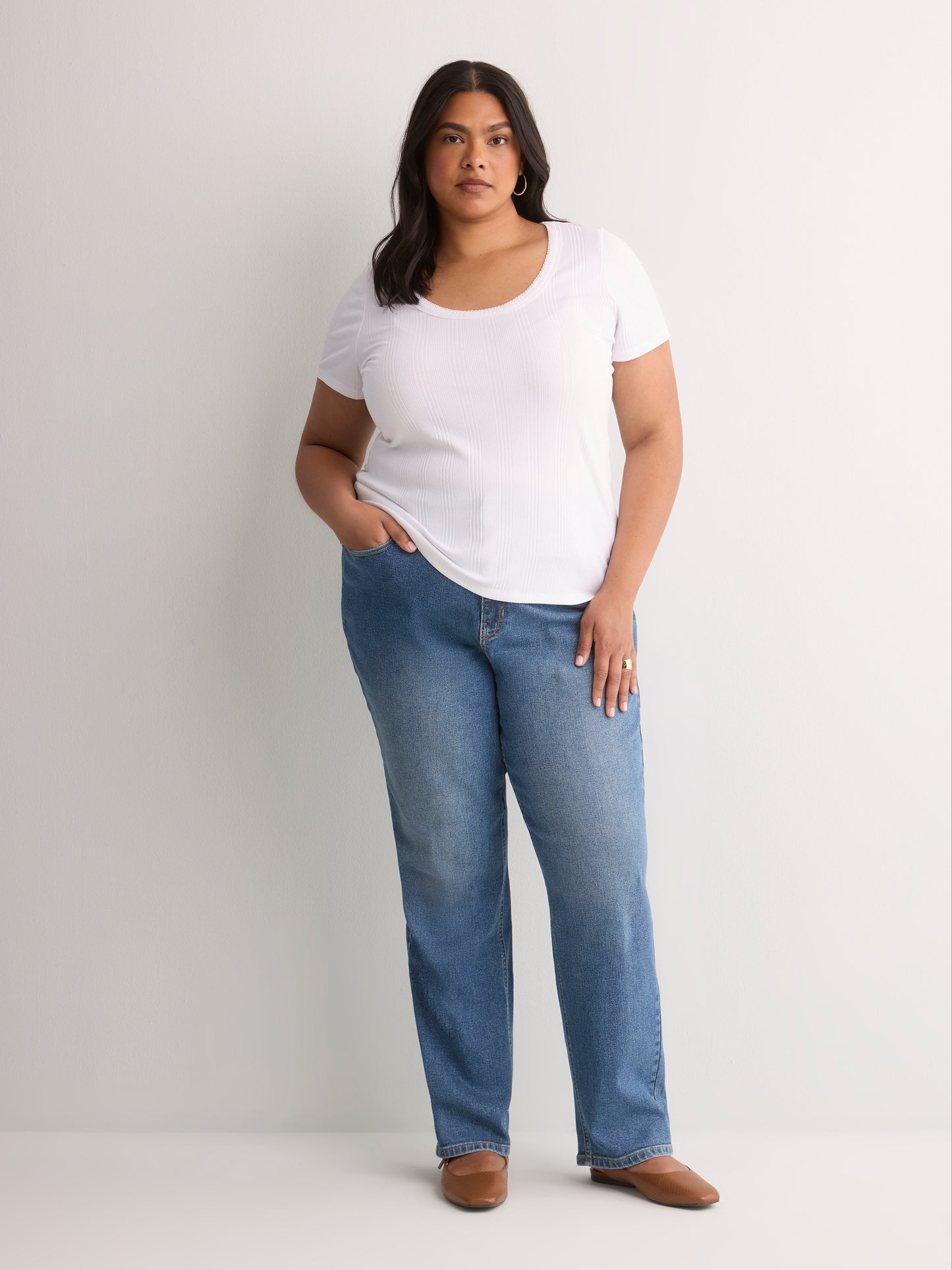 Ribbed Knit Fitted Short-Sleeve T-Shirt
