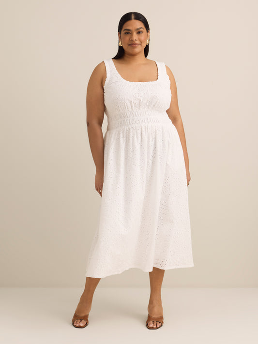White Eyelet Lace Sleeveless Midi Dress with Elastic Waist