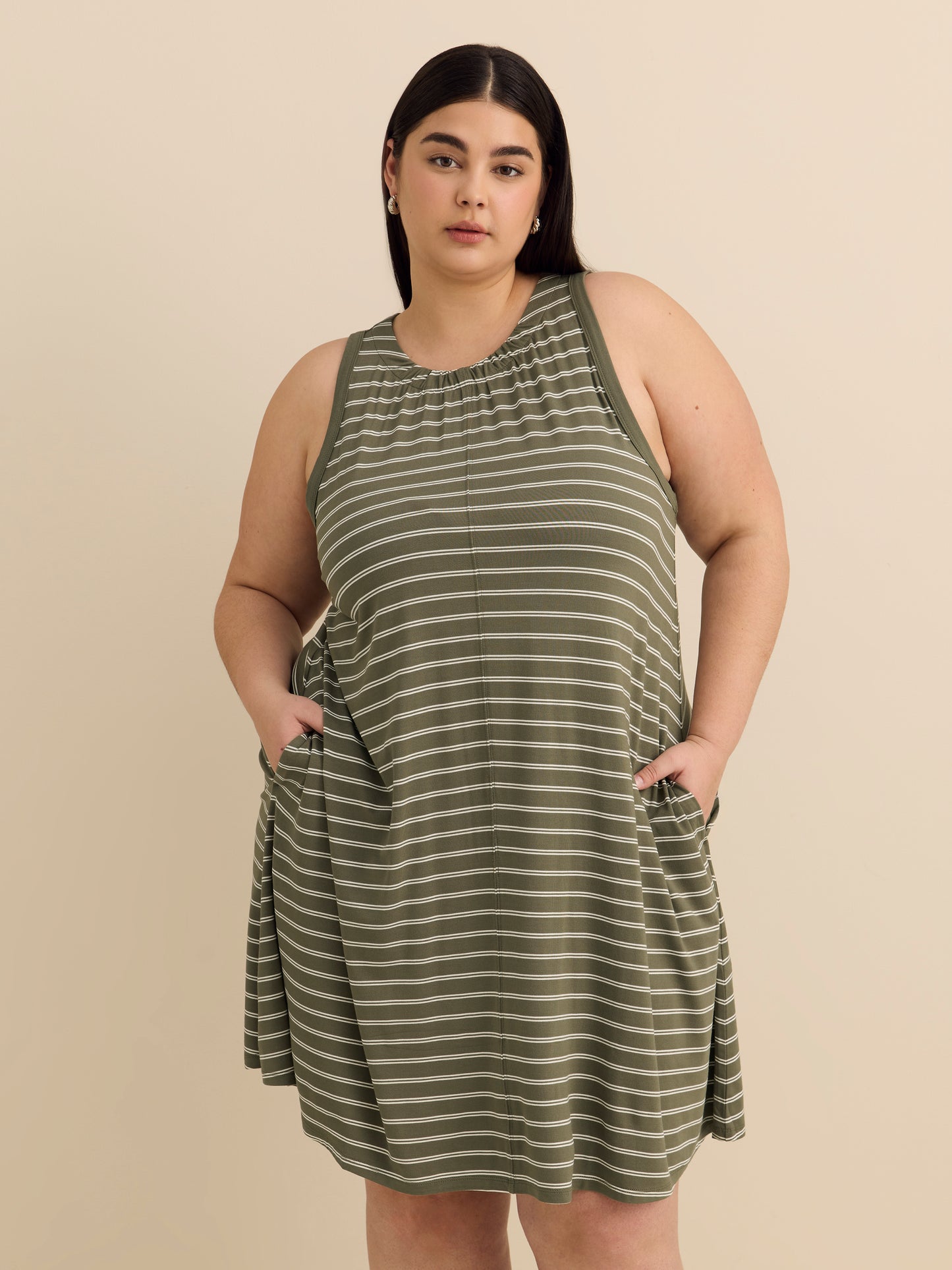 Yarn-Dyed Ribbed Halter Dress with Pockets