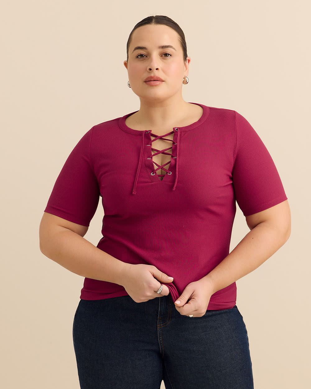 Elbow-Sleeve Top with Lace-Up Front Neckline