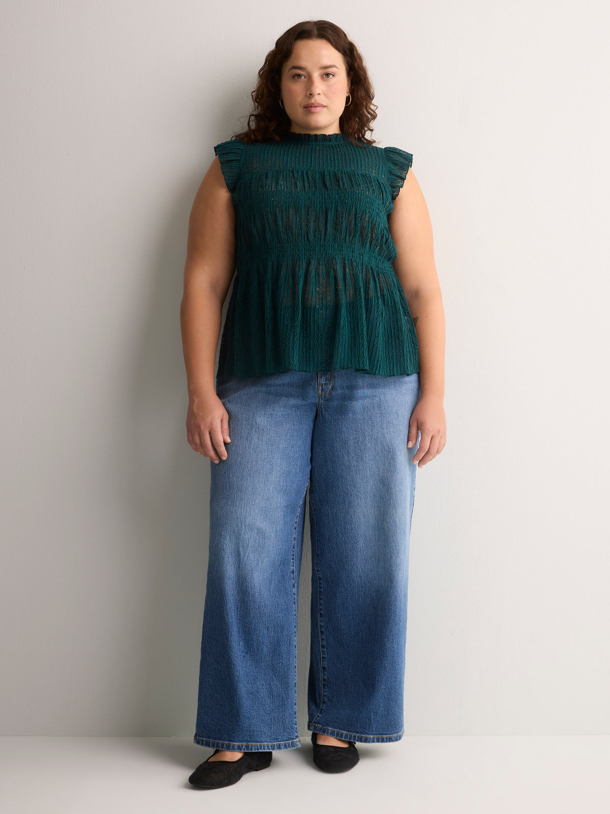 Smocked Lace Swing Top with Short Flutter Sleeves
