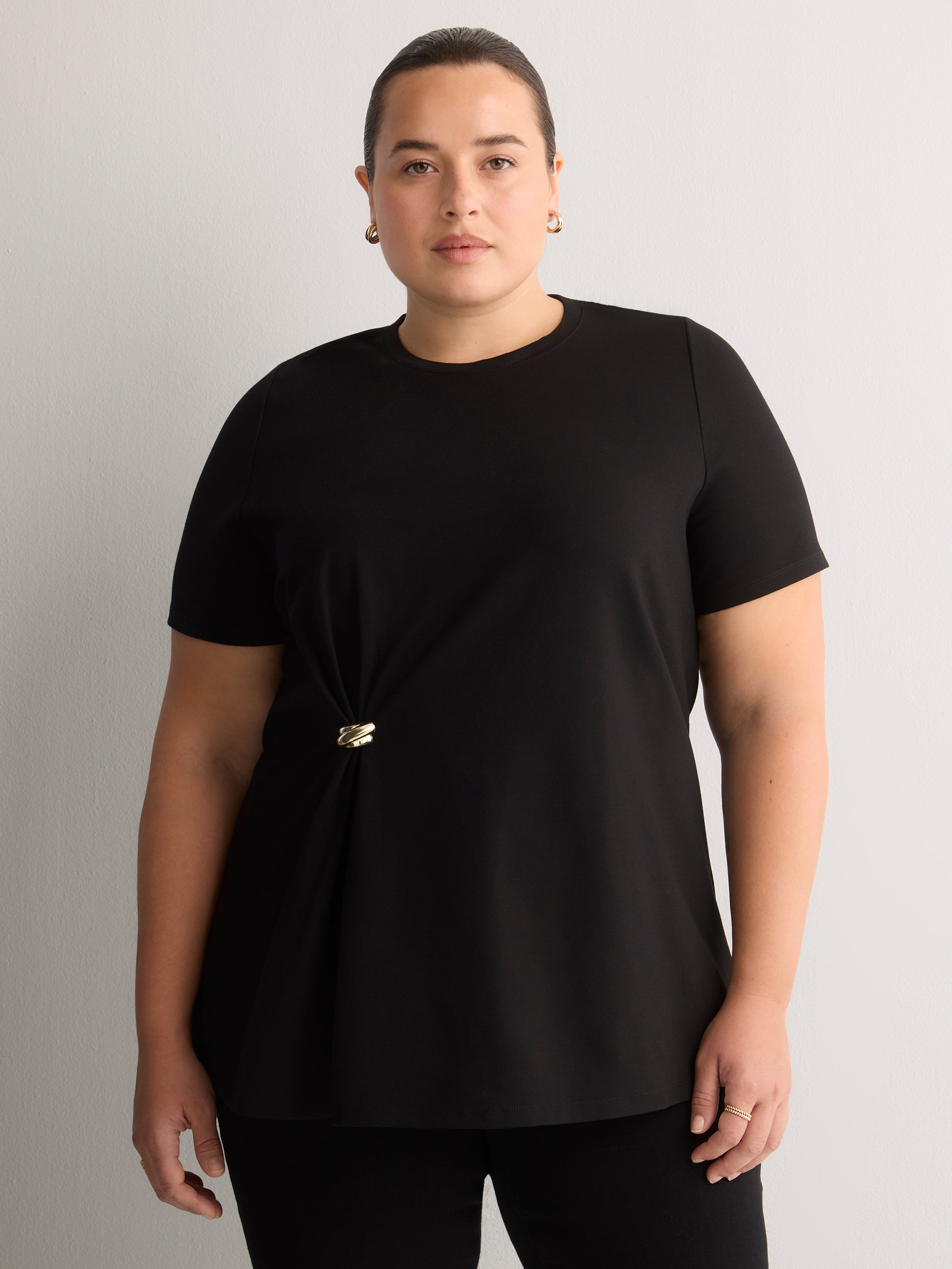 Fit and Flare Short-Sleeve Crew Neck Top with Jewel at Waist