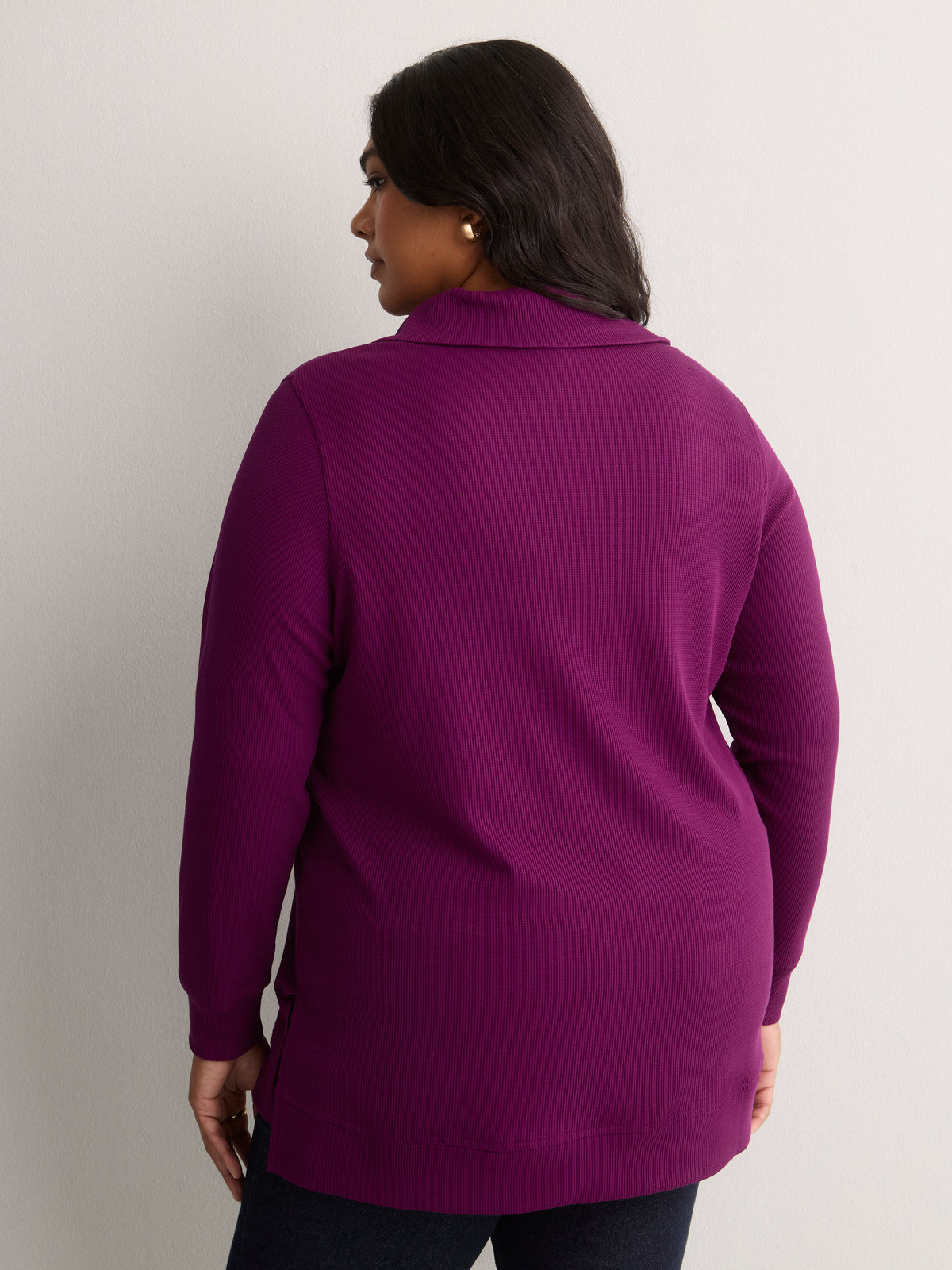 Loose Waffle Knit Tunic with Buttoned Collar