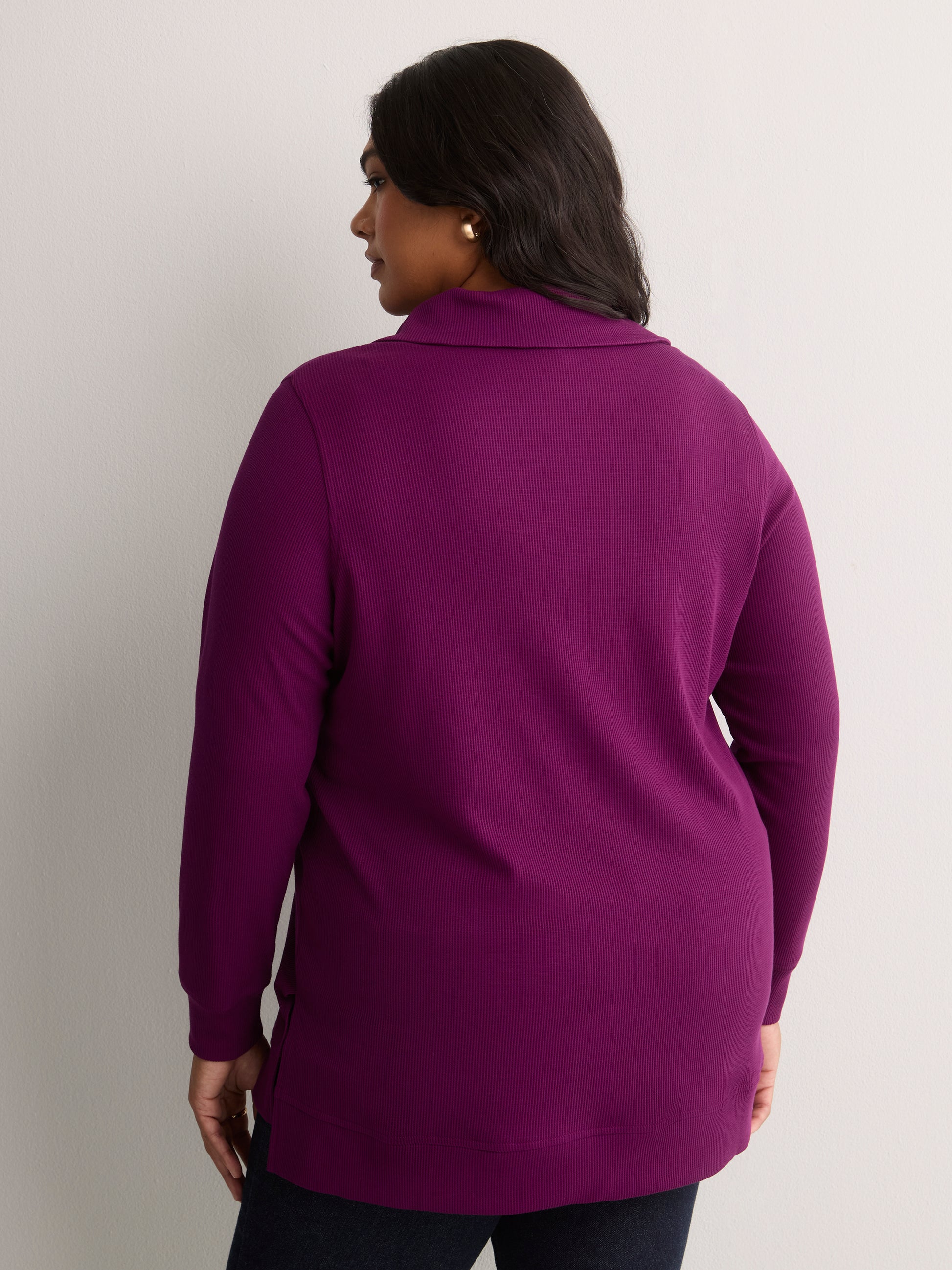 Loose Waffle Knit Tunic with Buttoned Collar