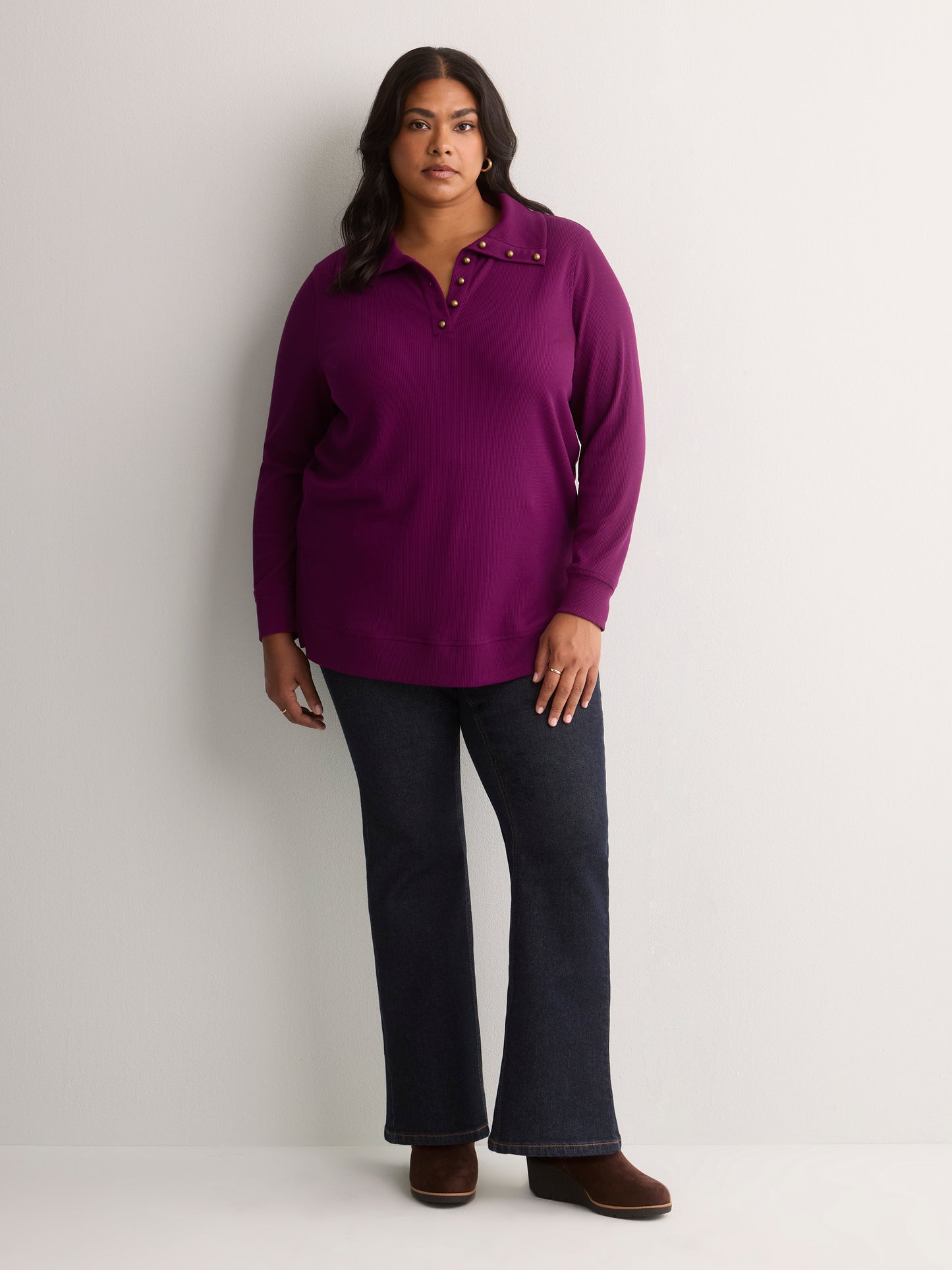 Loose Waffle Knit Tunic with Buttoned Collar