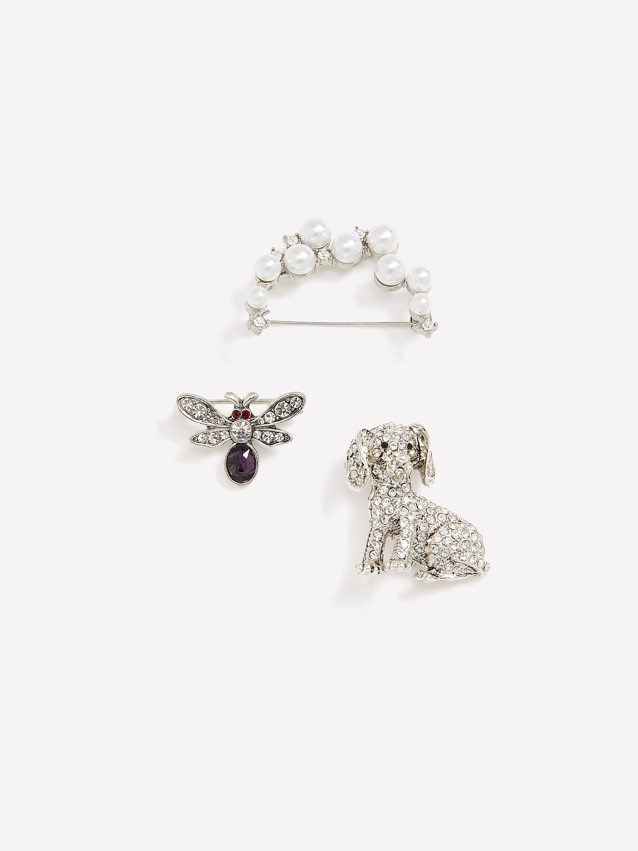 Assorted Silver Rhinestone Brooches, Set of 3