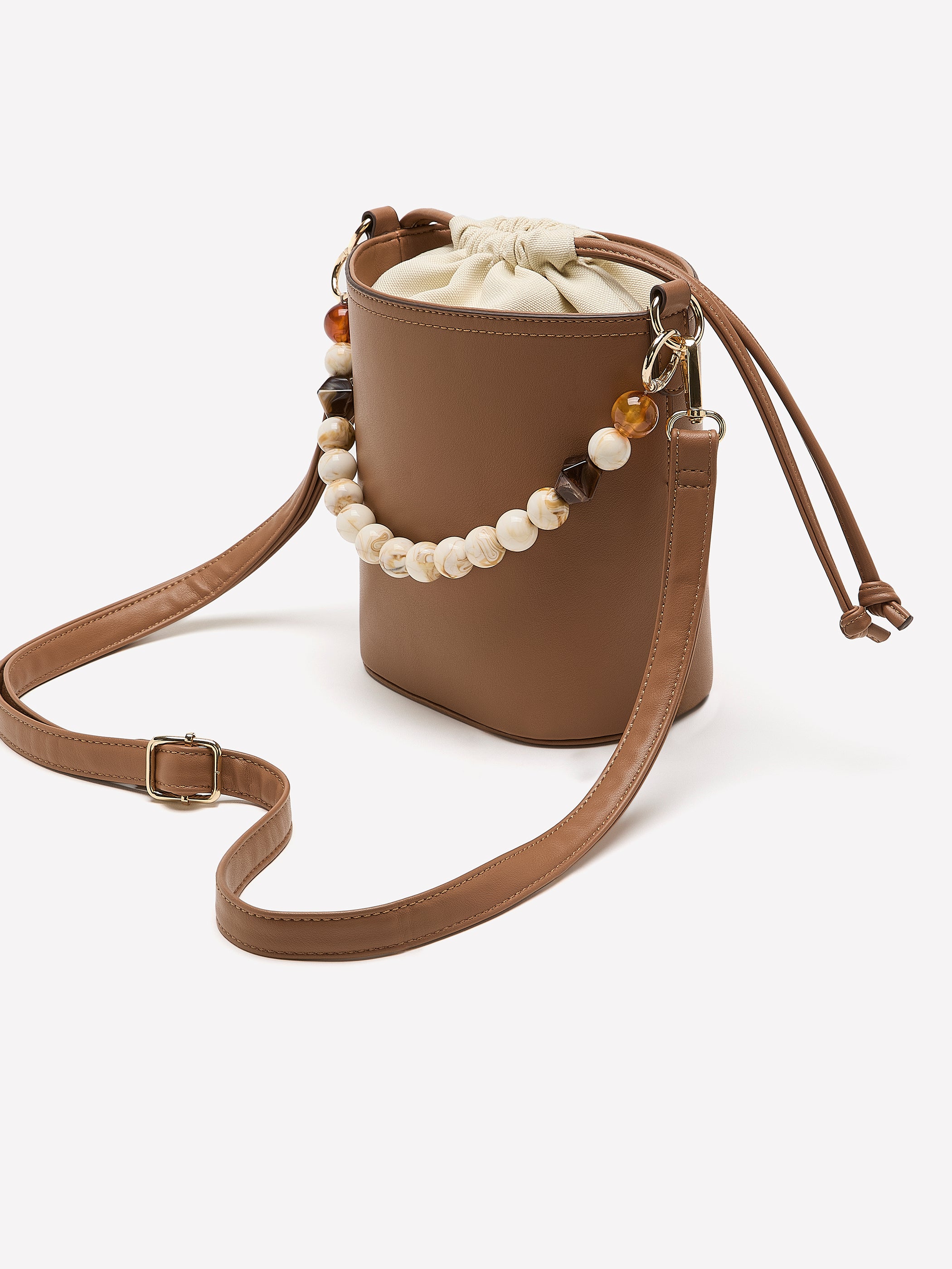 Polyurethane Crossbody Bucket Bag with Beaded Handle Women's Bag