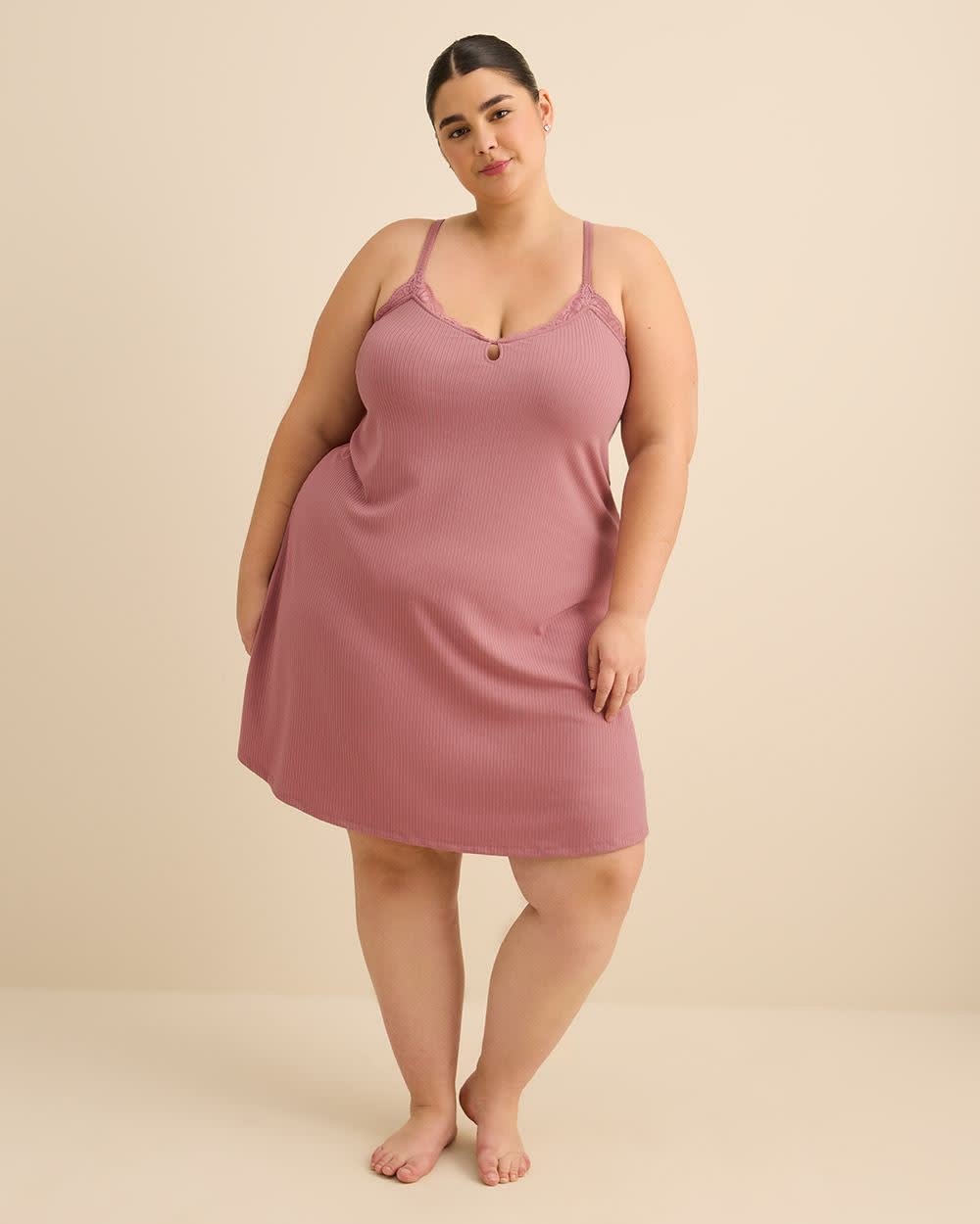 Nuisette sans manches en tricot côtelé avec dentelle - Déesse Collection