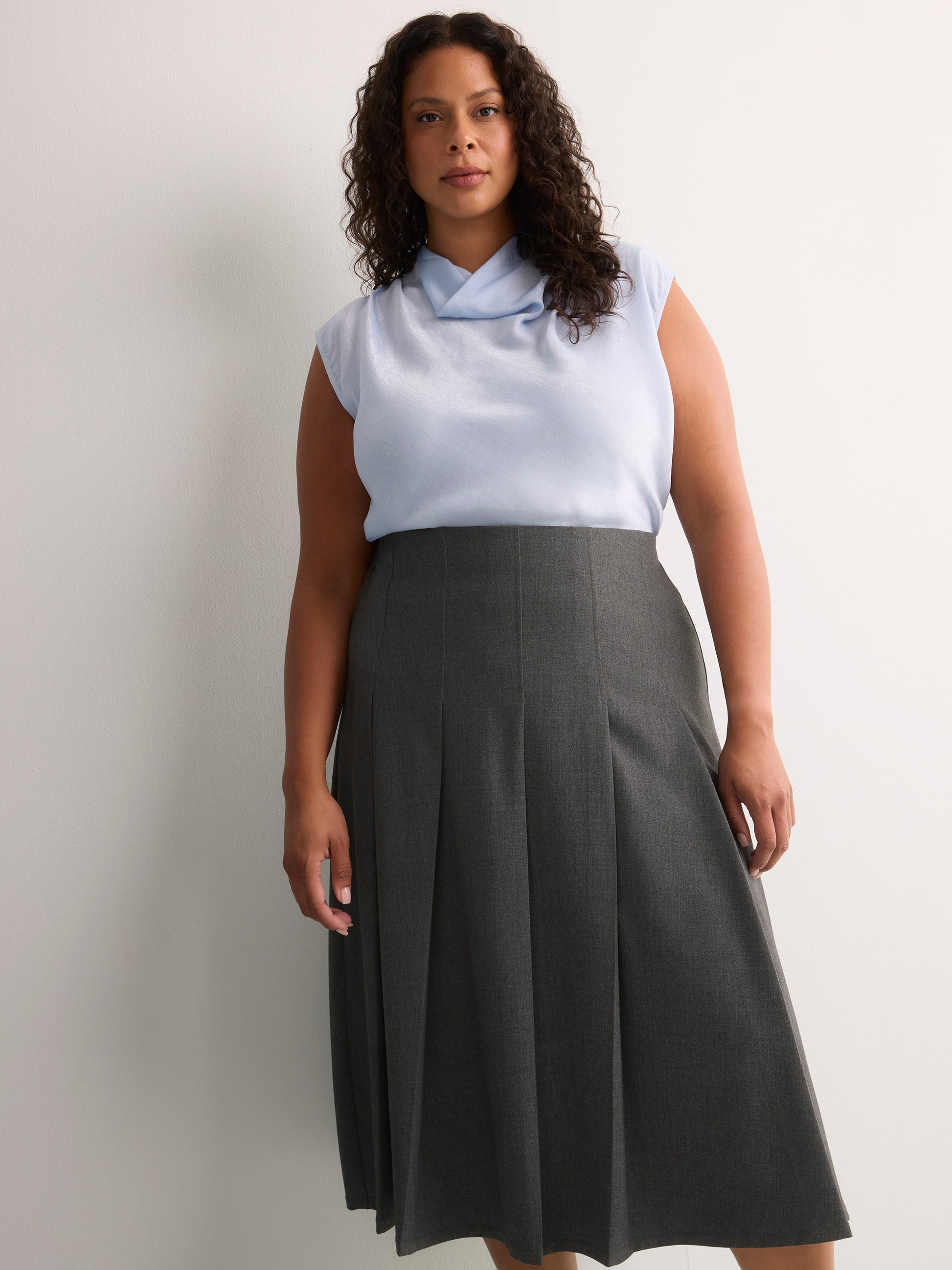 Grey Pleated Pull-On Midi Skirt