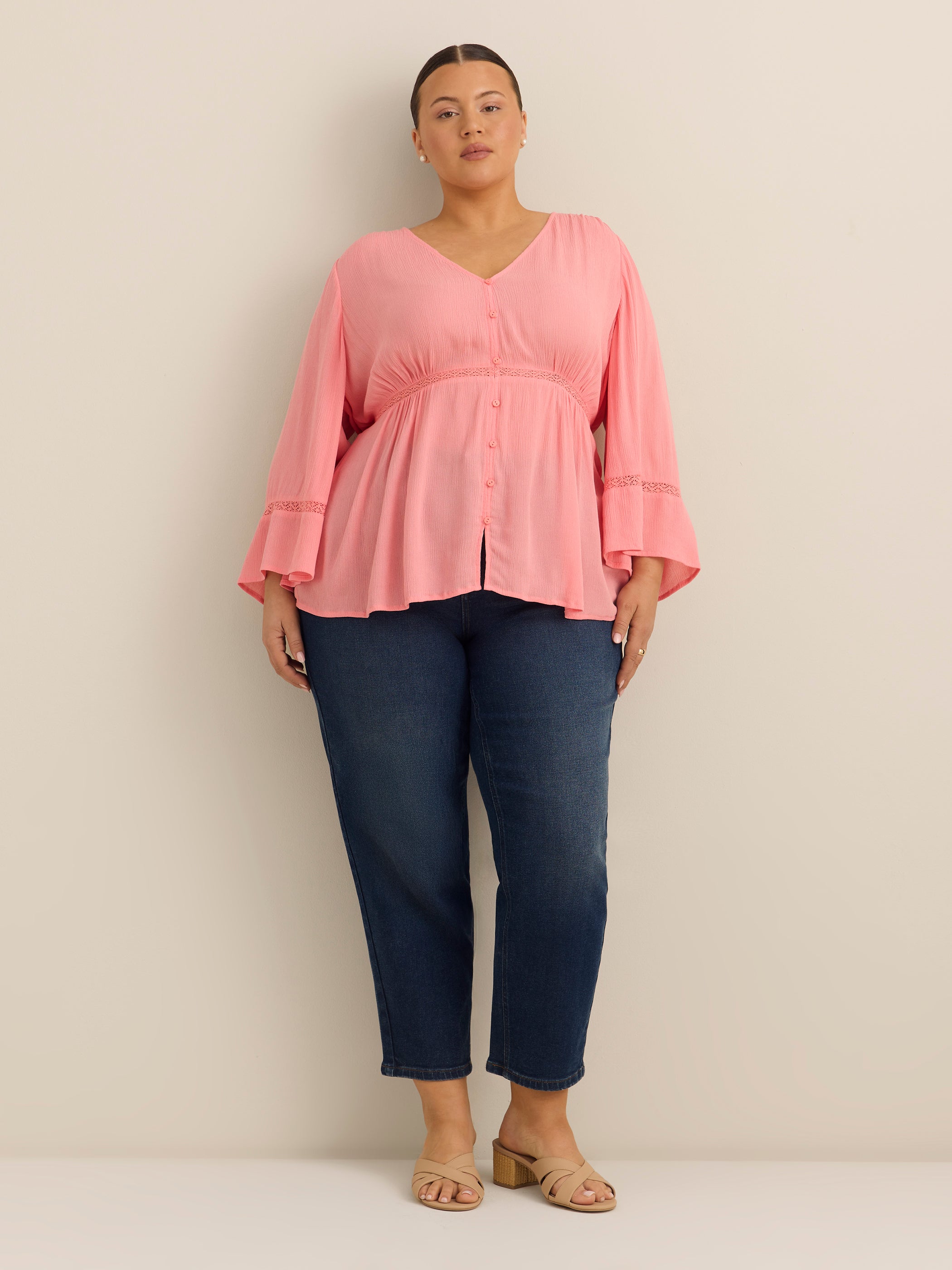 Wide-Sleeve V-Neck Blouse with Decorative Tape - Addition Elle