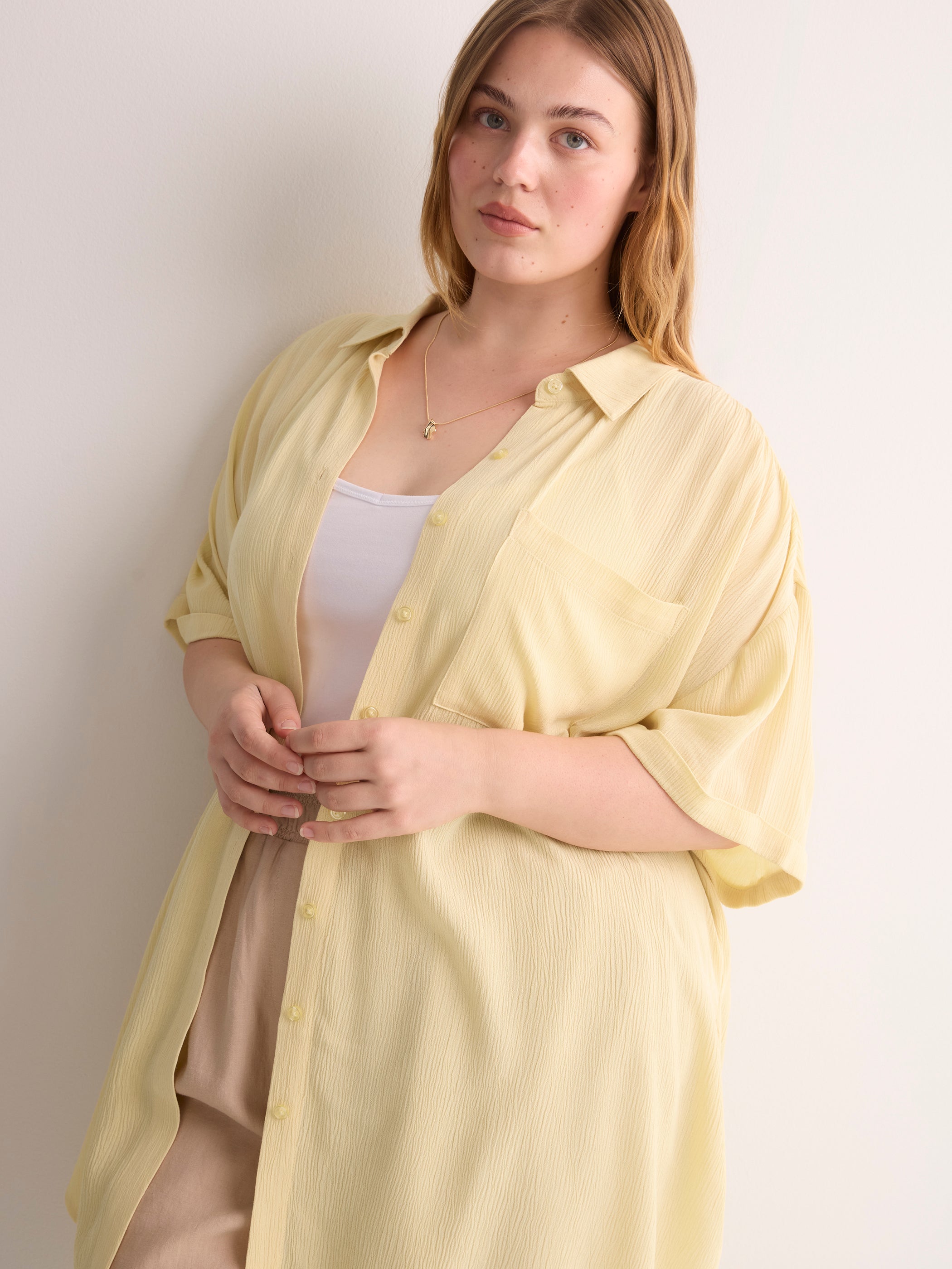 Loose-Fit Short-Sleeve Crinkle Buttoned-Down Tunic