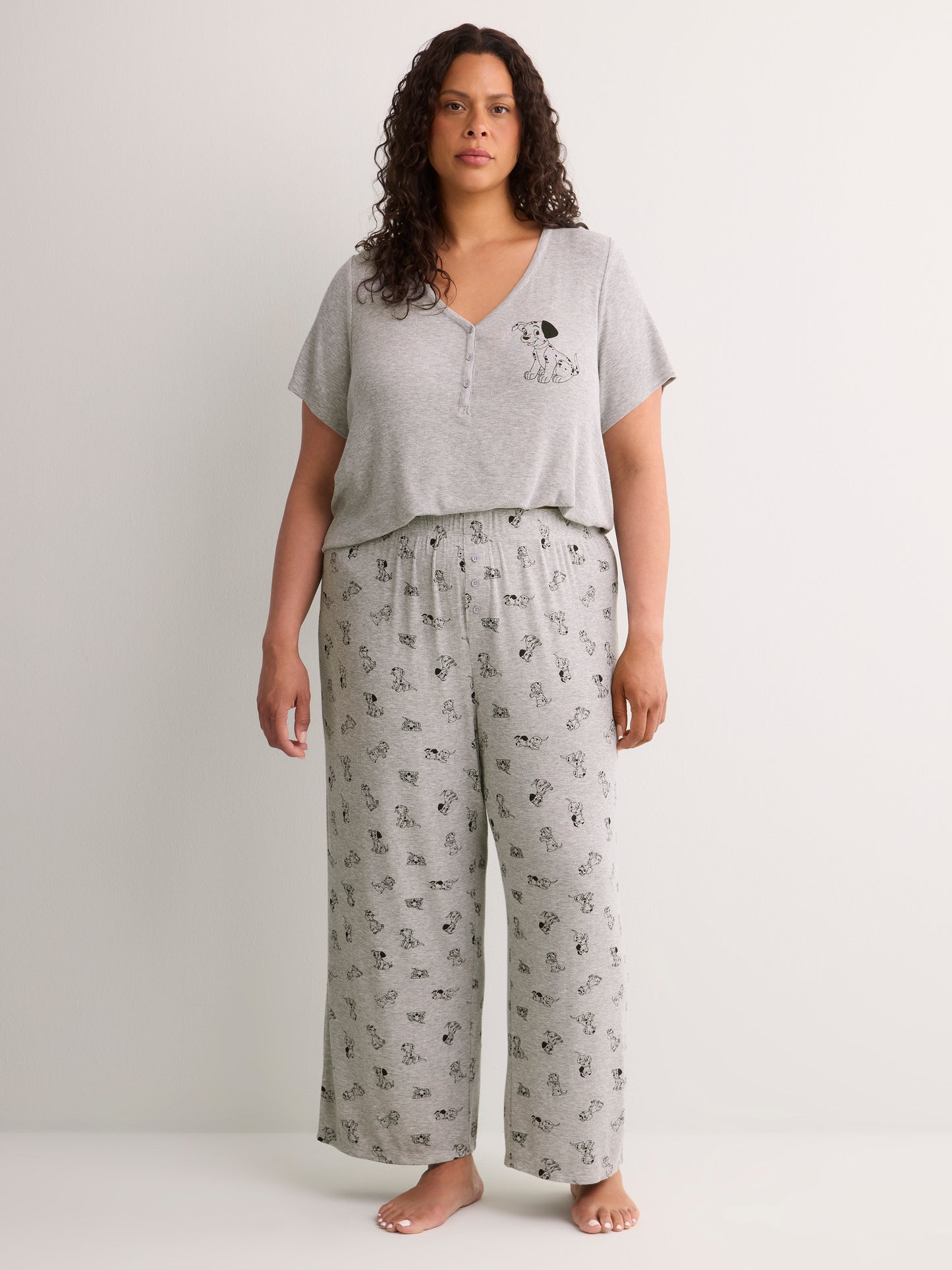 Grey Textured Henley Pyjama Top with Dalmatian Print - Disney