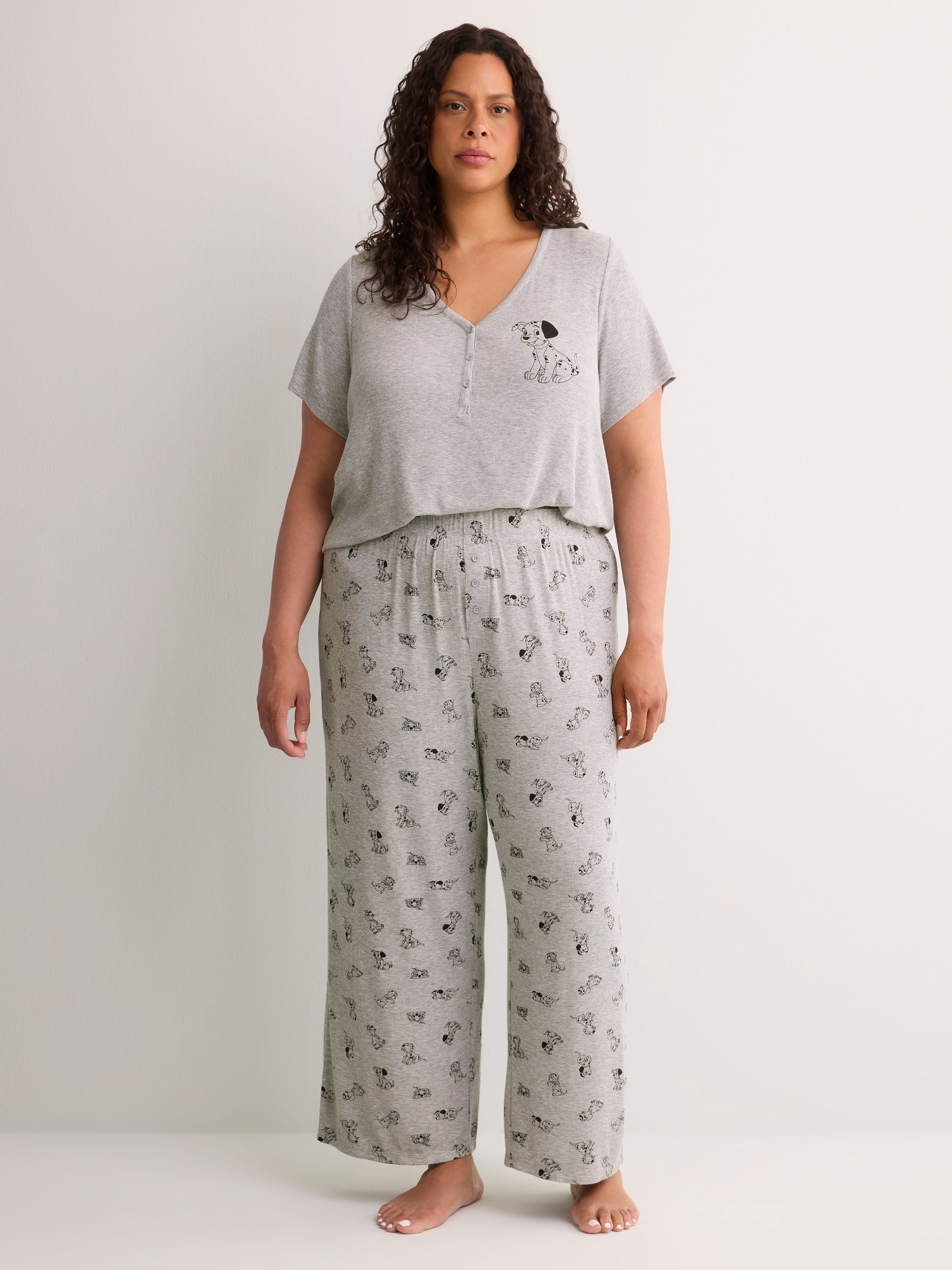 Grey Textured Henley Pyjama Top with Dalmatian Print - Disney