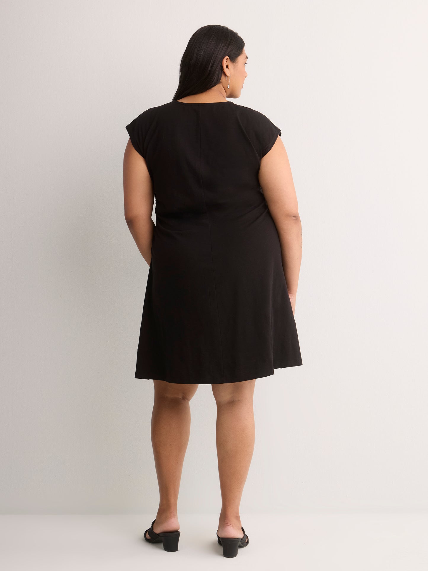 Crew-Neck Extended-Sleeve Knit Dress with Side Shirring